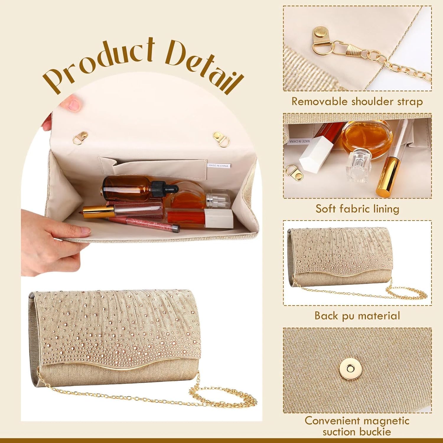 Blosssound 5 Pcs Gold Rhinestone Jewelry Set Bling Necklace Earrings Bracelets Accessories Clutch Purses Handbag Women for Evening Prom Wedding Formal Bride Birthday Christmas Party - Image 3