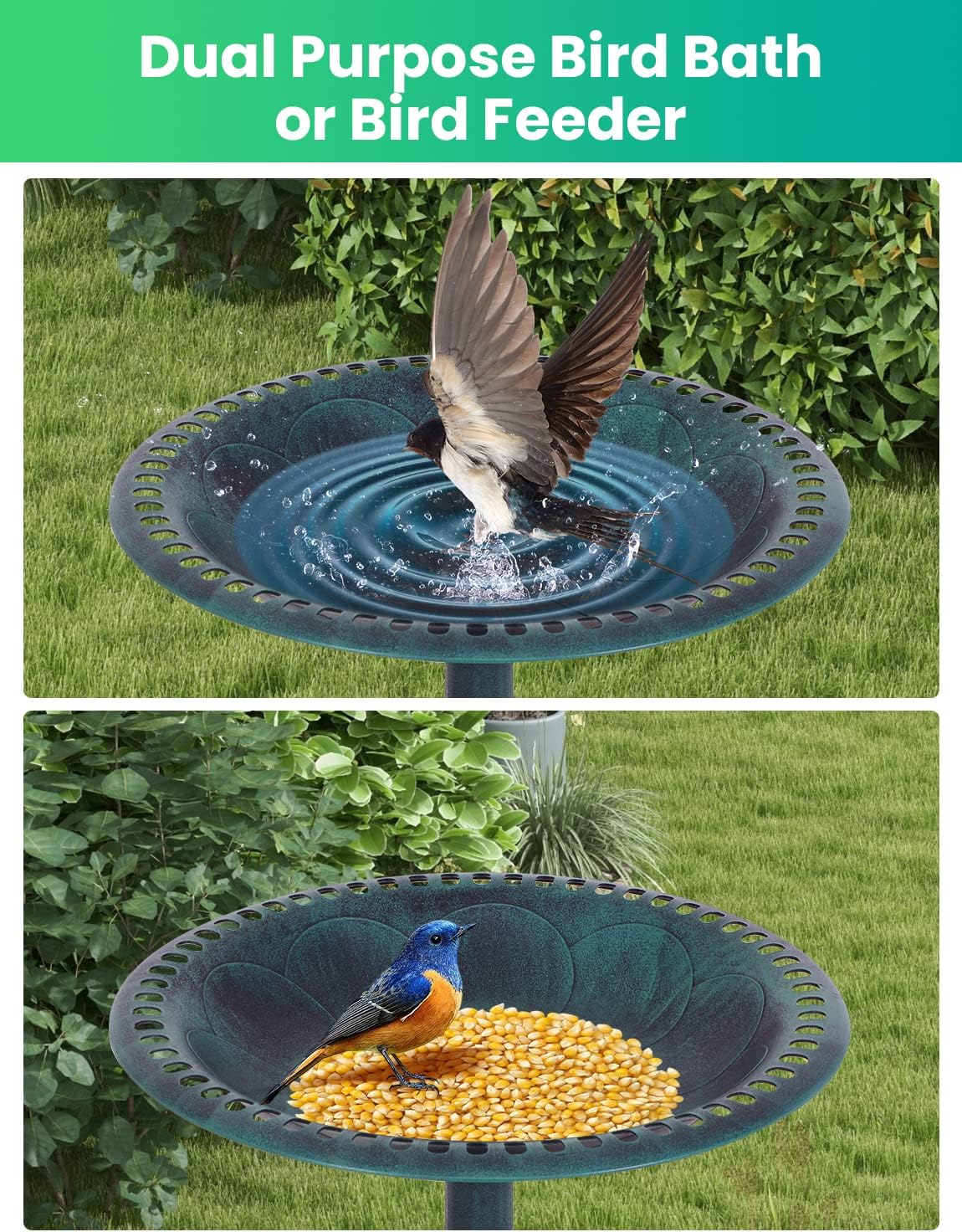 Bird Bath 28 Inch Tall Bird Feeder, Polyresin Lightweight Bird Baths for Outdoors, Sturdy Antique Garden Birdbath with Anchors