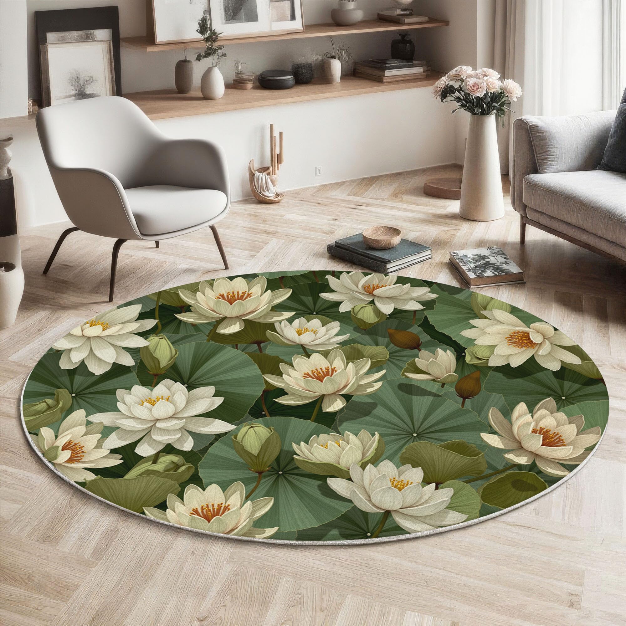 Tapis de salon rond antidérapant et lavable en machine motif nature vert 80cm