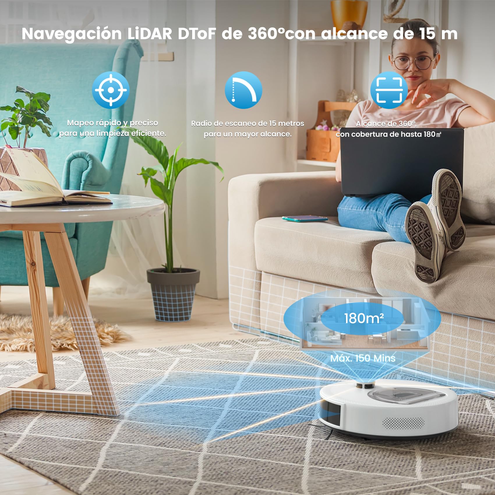 OKP Robot Aspirador y fregador, 6000 Pa,Depósito de Agua de 200 ML, 150 Mins Máx, Navegación LiDAR y Tecnología PSD190°, App/Alexa/Google, para Suelos Duros y Pelo de Mascotas, L6 Aqua Blanco