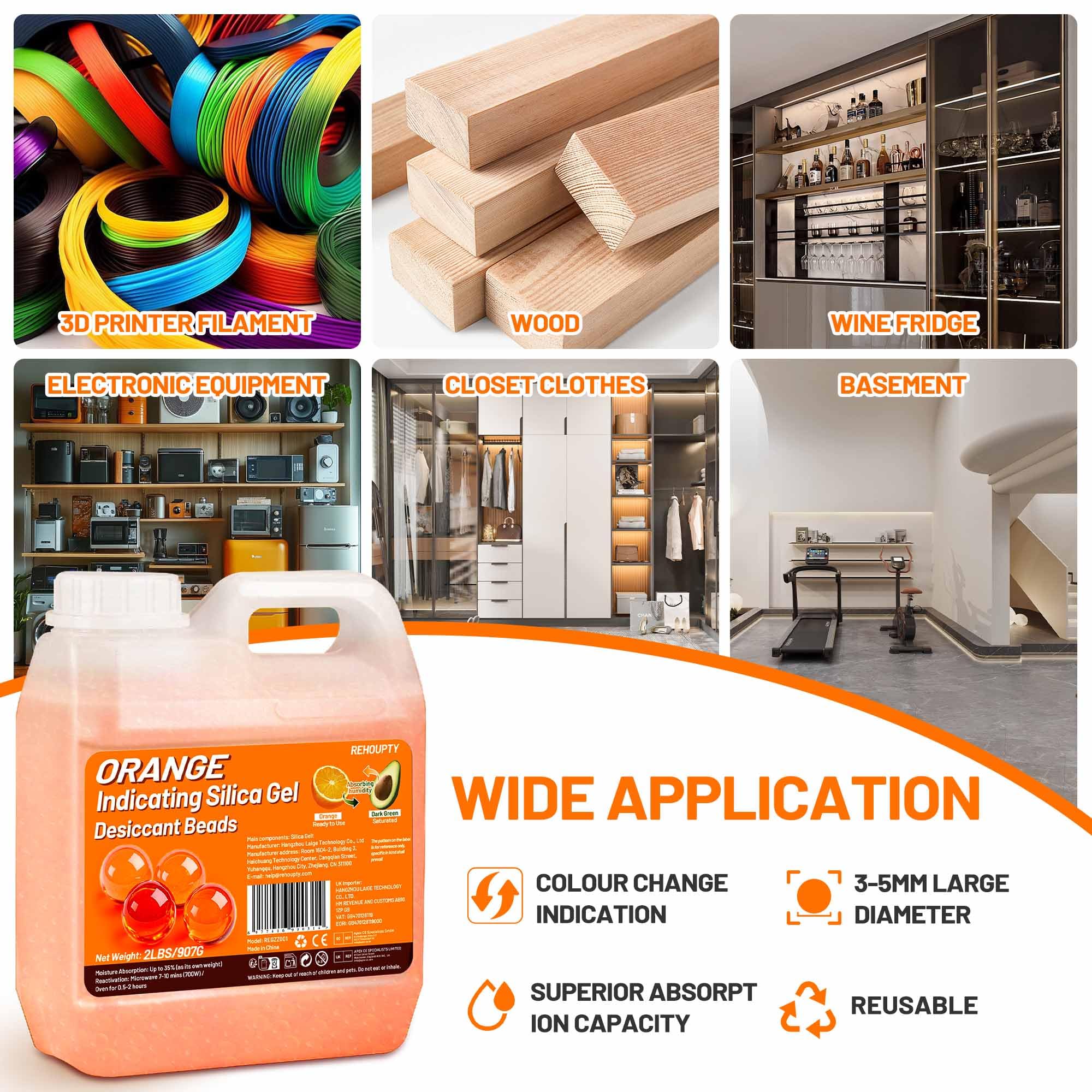 Perles Déshydratantes de Silice Orange 907G, Perles Gel Silice Indicatorices Réutilisables, Perles Déshydratantes de 3-5mm pour Filament 3D & Appareils Électroniques (10 Sacs Organza Inclus)