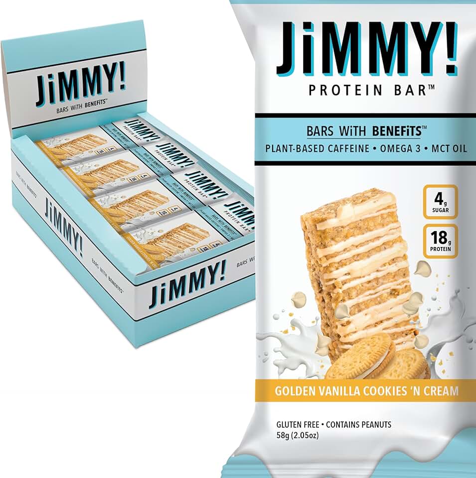 JiMMYBAR! - Golden Vanilla Cookies 'N Cream - 18g Protein Bars - Low 4g Sugar - 12 Count - Real Peanut Butter Base with Hand-Drizz