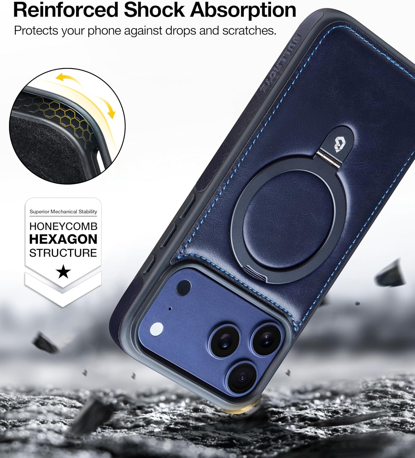 for iPhone 17 Pro Case Leather Top-Grain Handcrafted with Stand, Fits for MagSafe (Deep Blue, iPhone 17 Pro) - Image 5