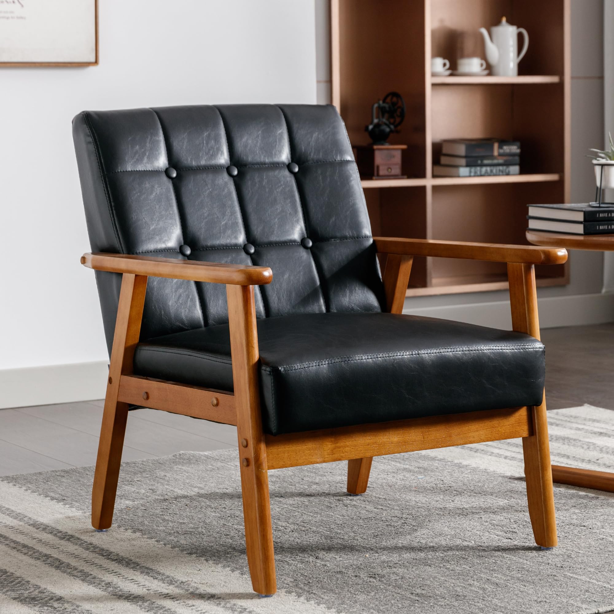 Jaxenor Vintage Sessel Leder, Holz Kleiner Sessel Wohnzimmer Lesesessel GemüTlicher Sessel Loungesessel, Mitte des Jahrhunderts Ledersessel FüR Schlafzimmer Studio, Schwarz Pu-Leder Küche, Haushalt & Wohnen