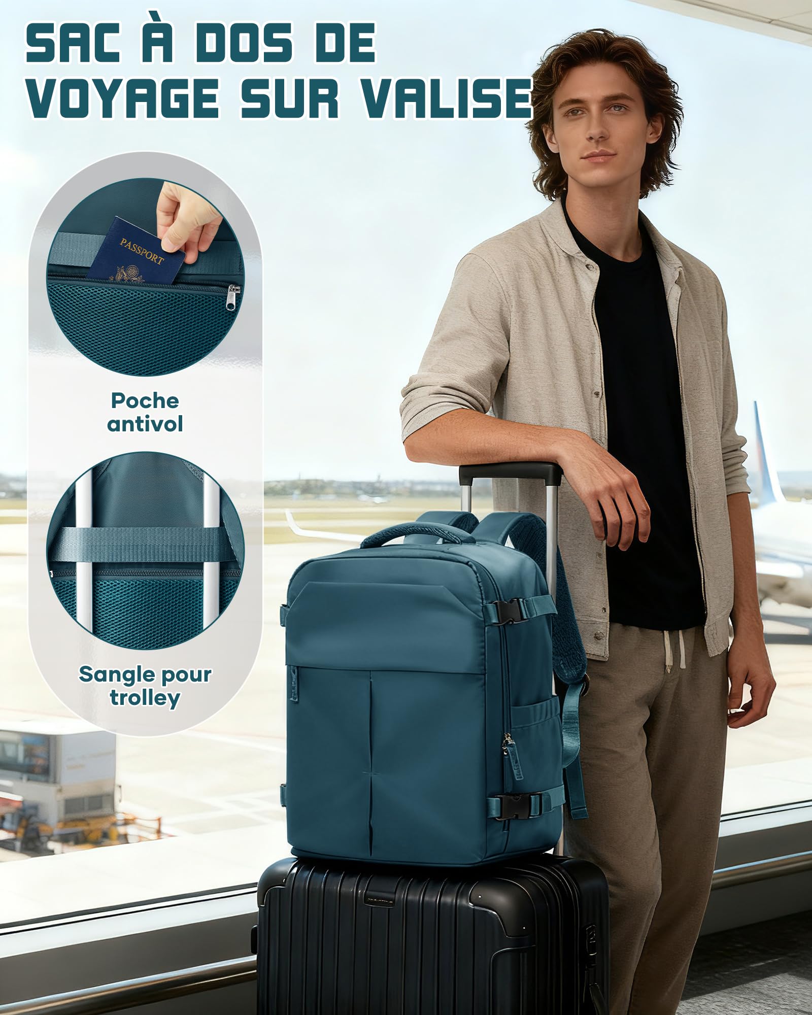 suradar Bagage Cabine 40x30x20 Sac Ryanair Sacs a Dos Voyage Cabine Avion 40x30x20 pour Wizzair Eurowings avec Compartiment à Chaussures Sacs à Dos Ordinateur Portable 14 Pouces Homme Femme Bleu paon