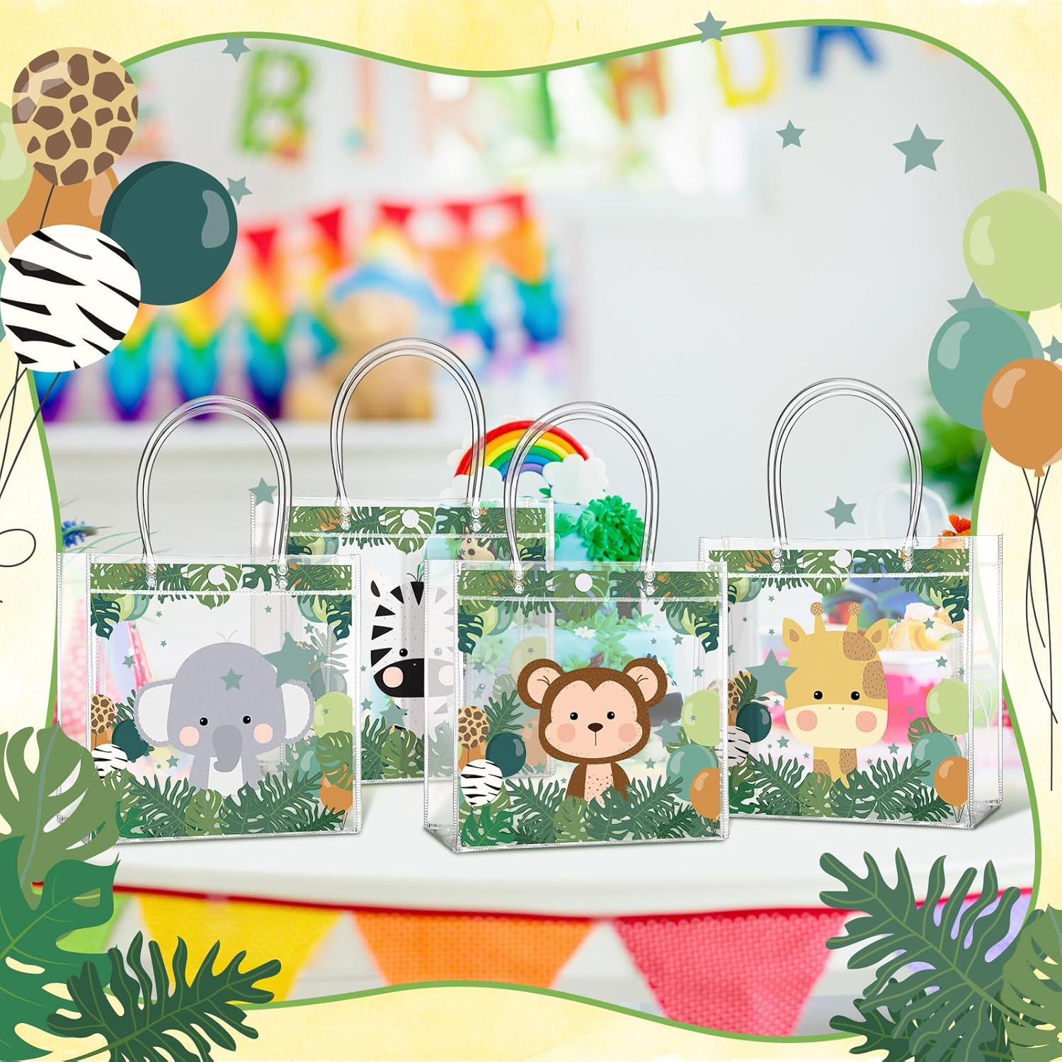 Aliceset 24 Pcs Safari Gift Bags with Handle Clear PVC Wild Animals Candy Treat Goodies Tote Bags for Summer Jungle Birthday Party Baby Shower Favor Supplies - Image 6