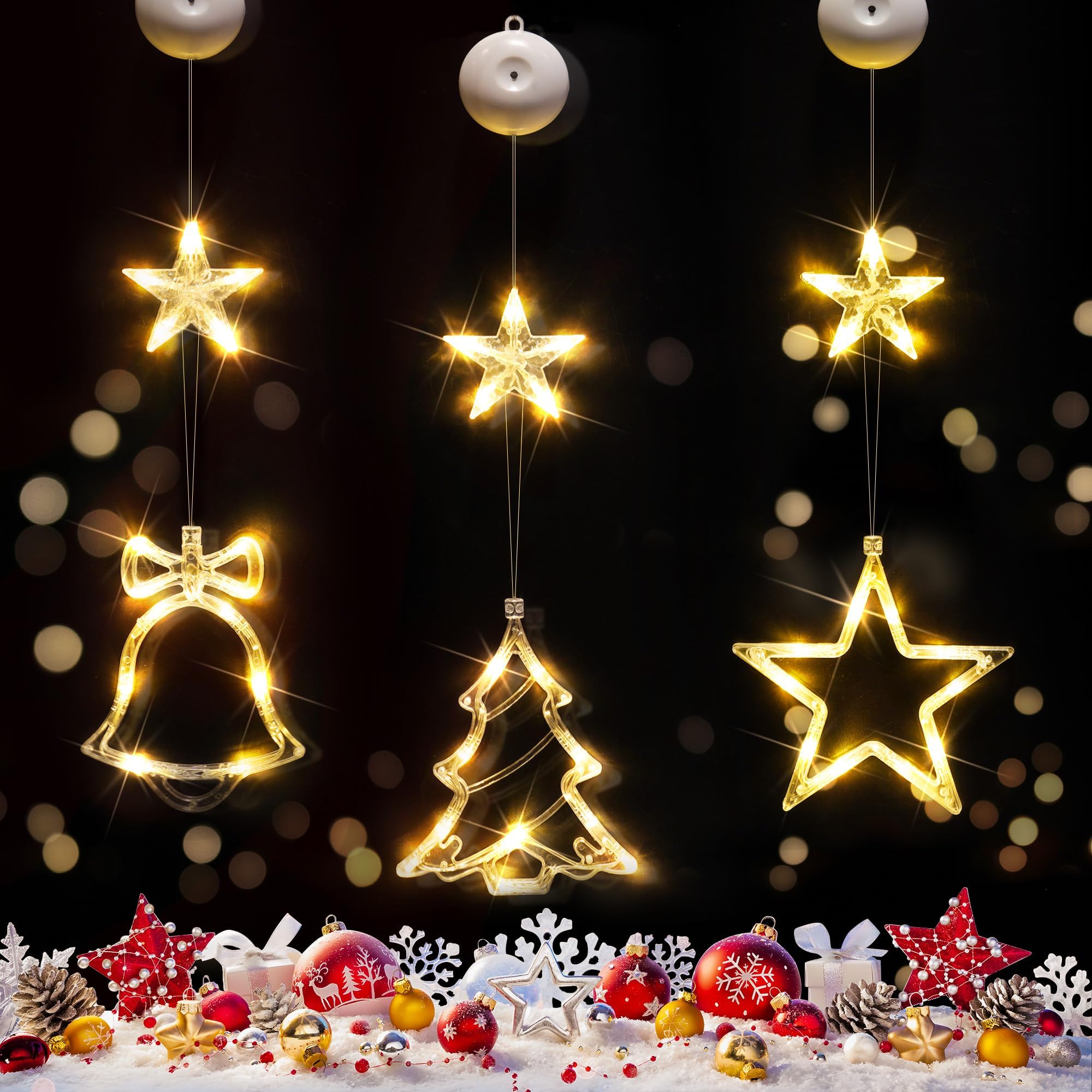 suddus Lot de 3 guirlandes lumineuses de Noël en forme de clochette et d'étoile, alimentées par piles avec ventouses et minuterie, guirlande lumineuse à suspendre pour arbre, cheminée, blanc chaud