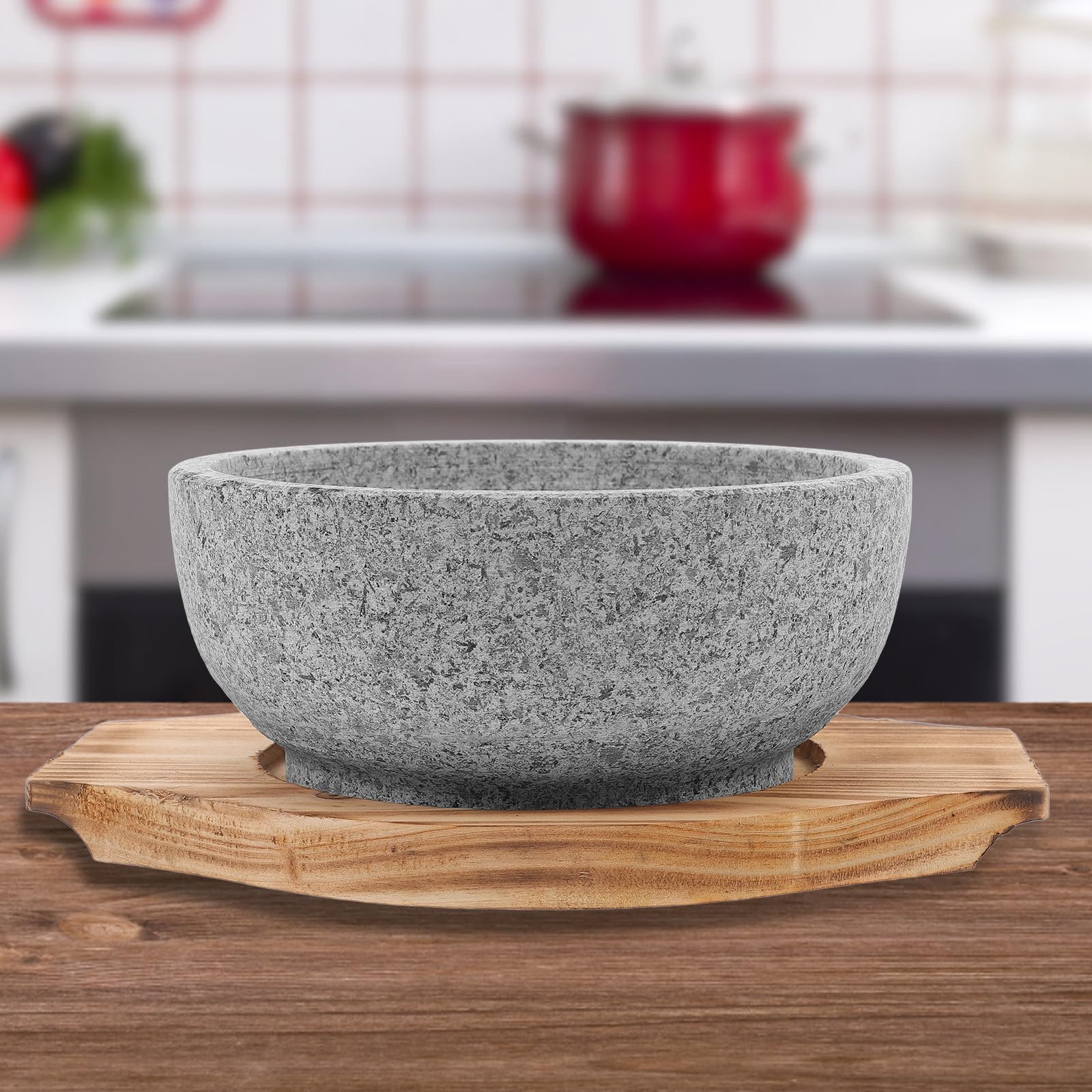 CALLARON Koreanische Dolsot Schüssel Hitzebeständig aus Naturstein 600ml mit Holztablett Runde Stein Bibimbap Schale und Leicht zu Reinigen für Küche