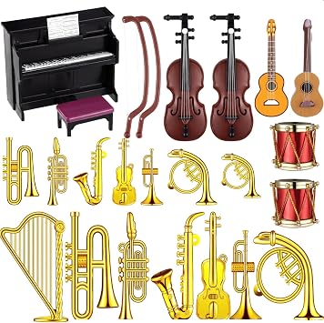Civaner 24 Pcs Dollhouse Musical Instruments Christmas Miniature Violin Piano Trumpet Saxophone Electric Guitar Tiny Instruments Set for Xmas Party Gift Mini House Musical Room Succulent Garden