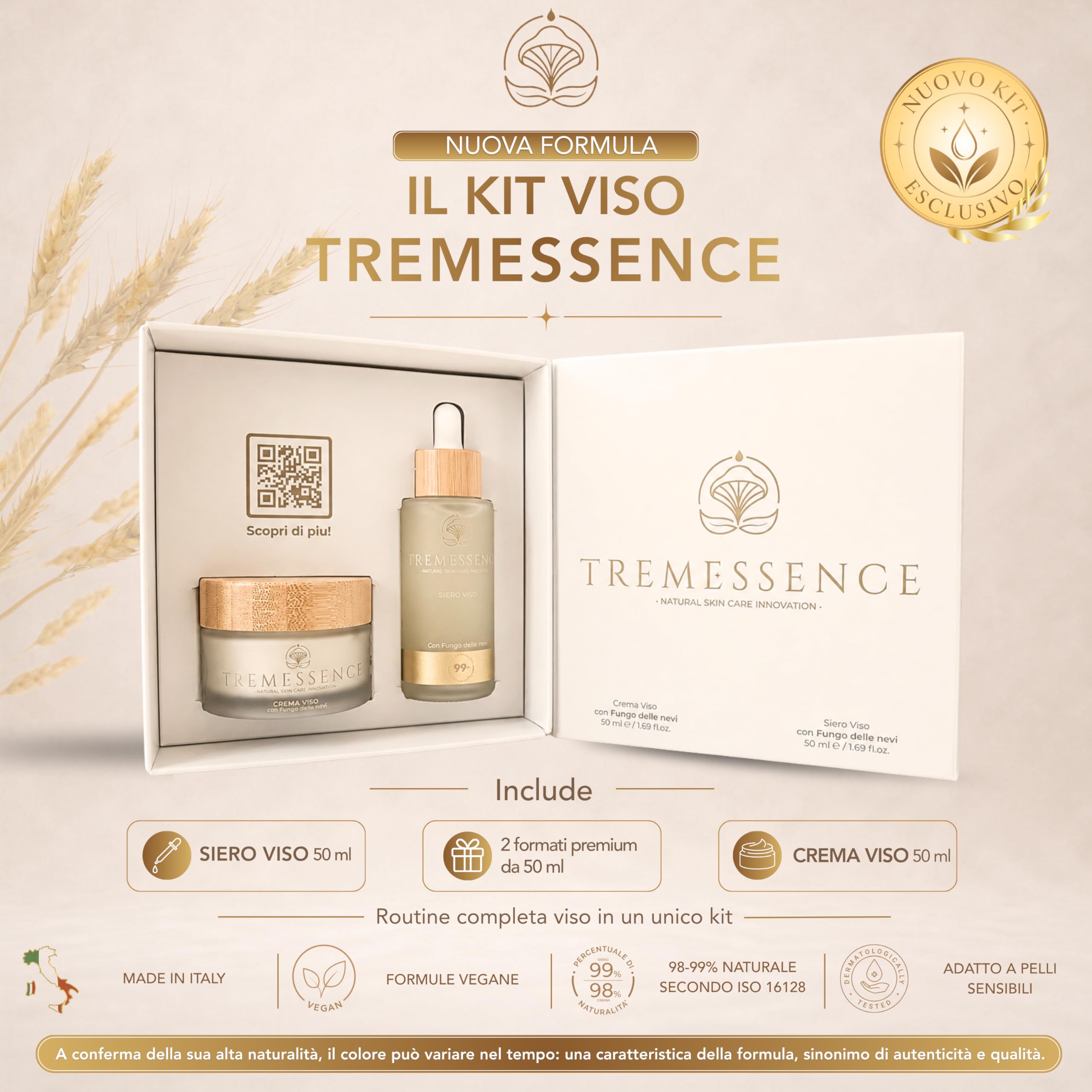 Kit Skincare Viso Naturale Vegan – Siero Viso 50 ml + Crema Viso 50 ml con Fungo delle Nevi, Niacinamide, Peptidi, Bakuchiol, Centella Asiatica, Vitamina C, Aloe, Q10 – Made in Italy