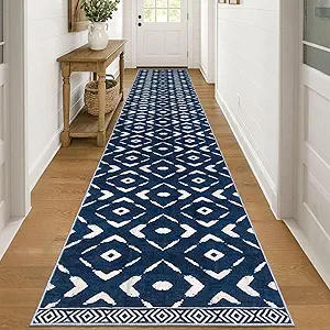 KILOCOCO Hallway Runner Rug 2.6'x18' Runners for Hallways Washable Runner Soft Non Slip Printed Geometric Low-Pile Rugs Runners for Bedroom Kitchen Living Room Boho Rugs, Blue