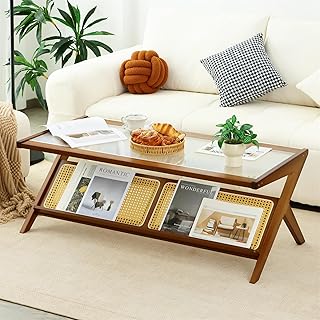 Bamboo Coffee Table, Accent Rattan Coffee Table with Glass Top, Mid-Century Wooden Center Tables, Modern Sofa Side Tea Tables with Storage for Living Room, Walnut
