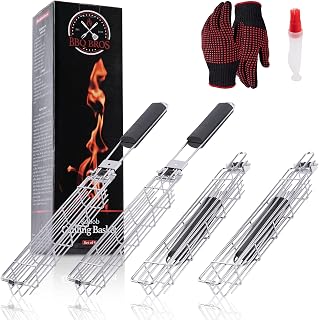 BBQ Bros Large Kabob Grilling Baskets Set of 4 - Foldable - Kebab Grill - for Outdoor Grilling - Includes Kebab Oil Brush Bottle & Grill Gloves - Dishwasher Safe
