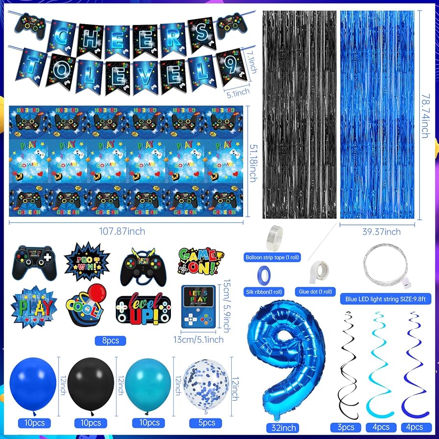 103-Piece Video Game Birthday Party Decorations - Level 9 Gaming Theme With Balloons & Backdrop
