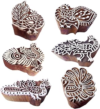 Traditional Pattern Peahen and Peacock Wooden Blocks for Printing Set of 6