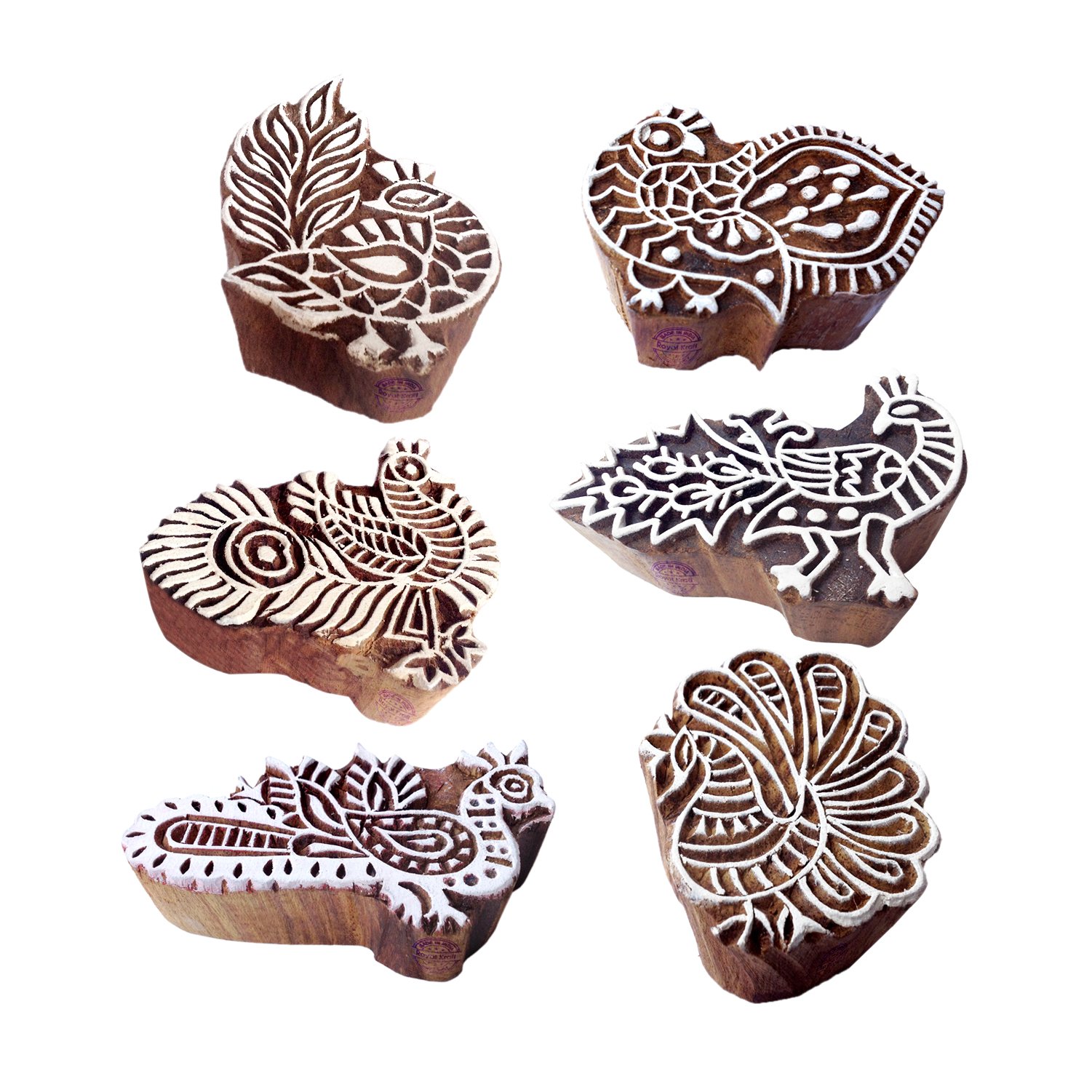 Traditional Pattern Peahen and Peacock Wooden Blocks for Printing (Set of 6)