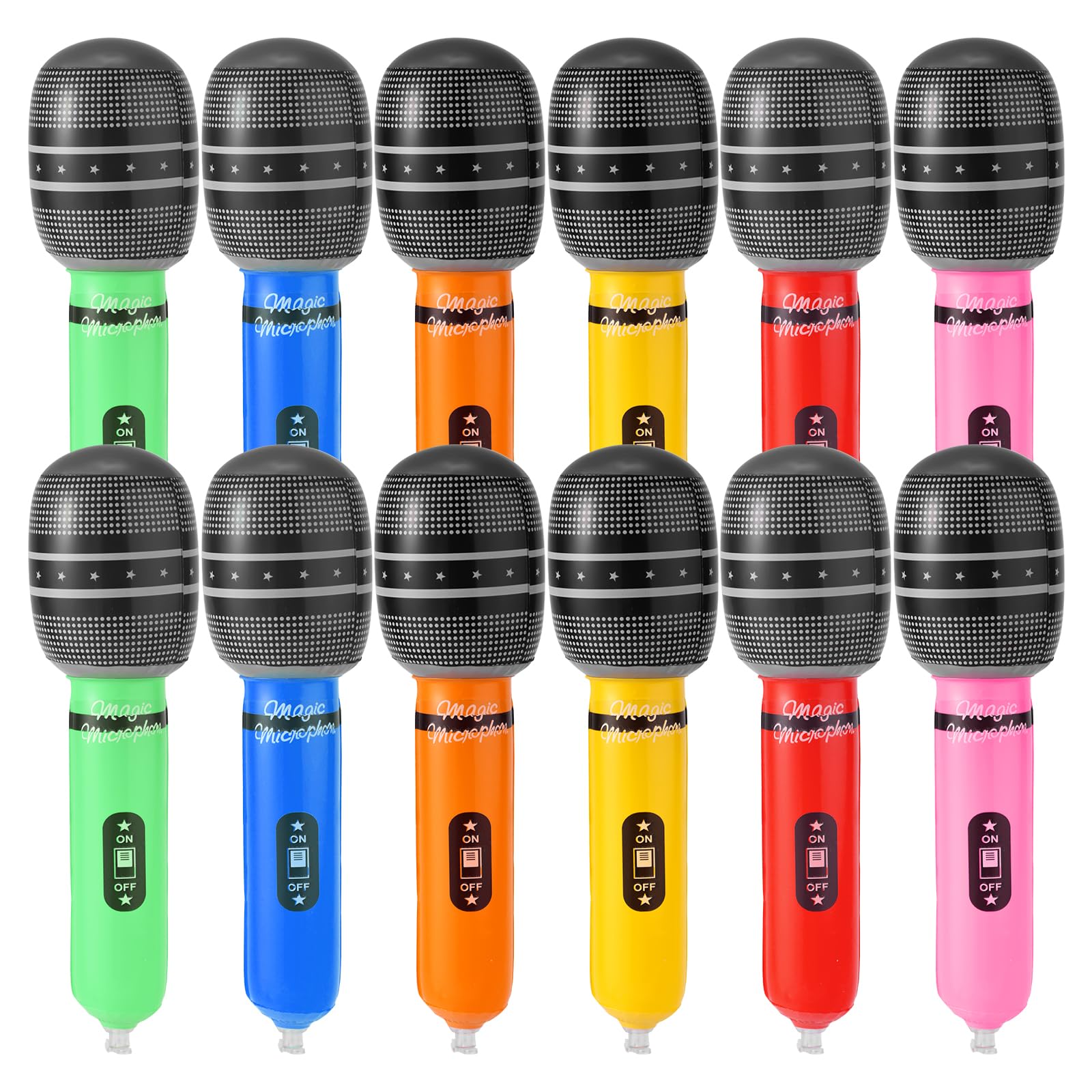 12 micrófonos inflables, recuerdos de fiesta, 8.66 x 1.97 pulgadas, película de aluminio de 6 colores, accesorios de micrófono falsos a granel para niños, karaoke, concierto, temática de DJ