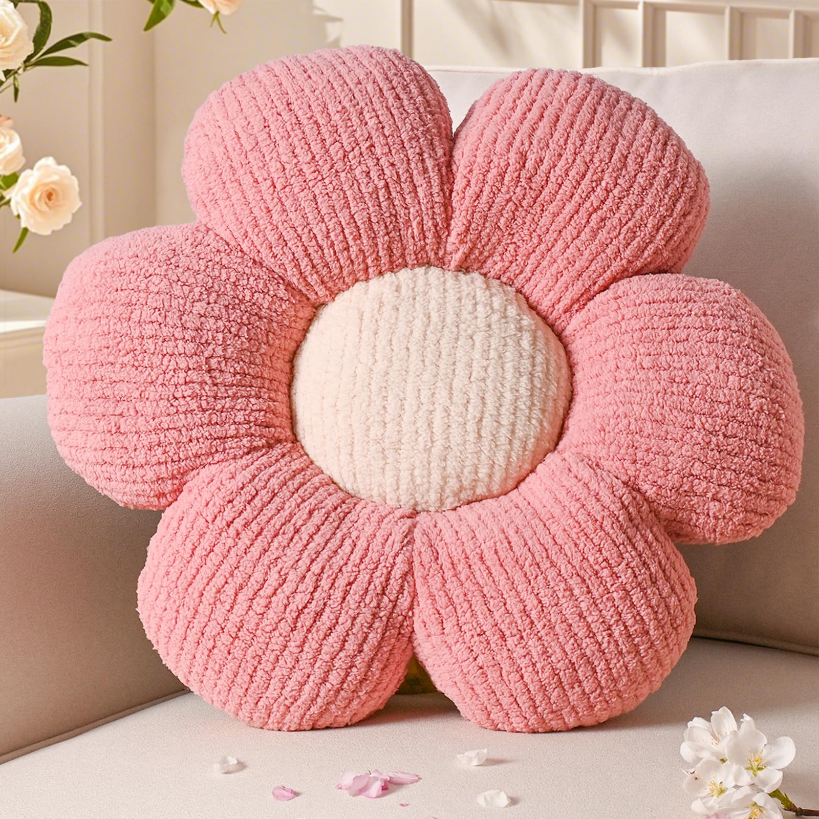 Yhoelata Valentinstag Blumenkissen, Rosa Blumengestalt Zierkissen, Plüsch Bodenkissen für Sofa & Bett Kinderzimmer, Mädchen Dekoratives Gänseblümchen Design Wohnkissen 50cm