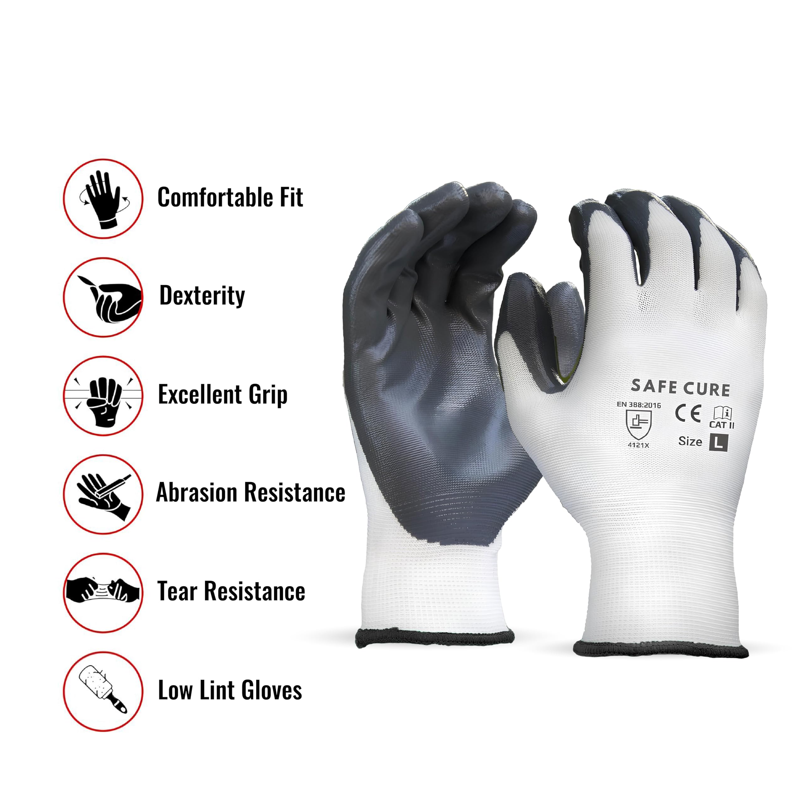 Safe Cure Nitrile Safety Gloves for Men β Pack of 10 Pairs | Industrial, Construction, Gardening, Farming, Glass & Metal Handling | Cut Resistant Nylon Hand Gloves β White 1