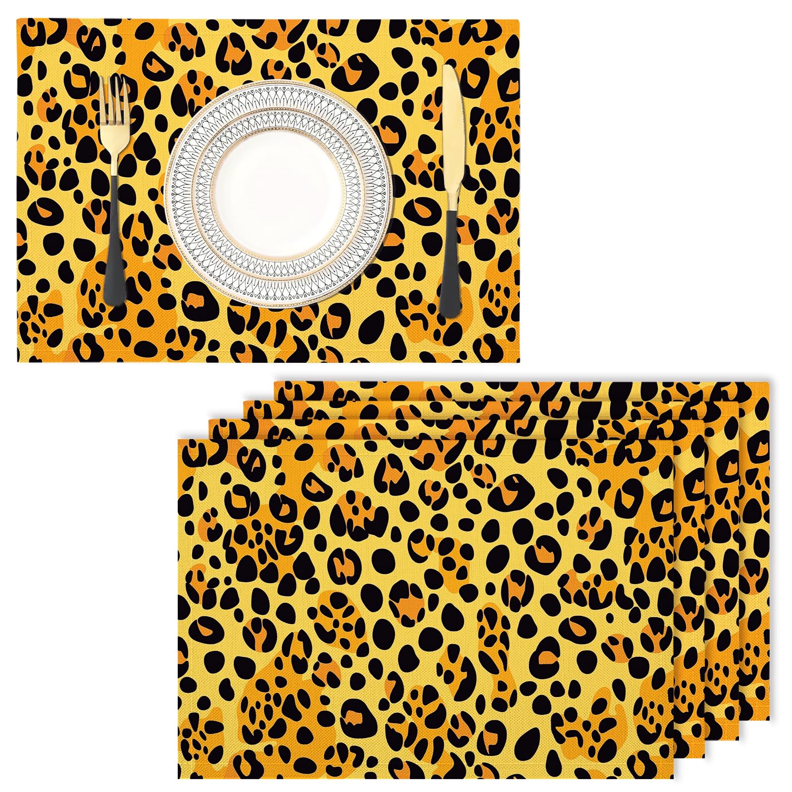 Set de table tissu lin coton imprimé léopard jaune antidérapant cuisine