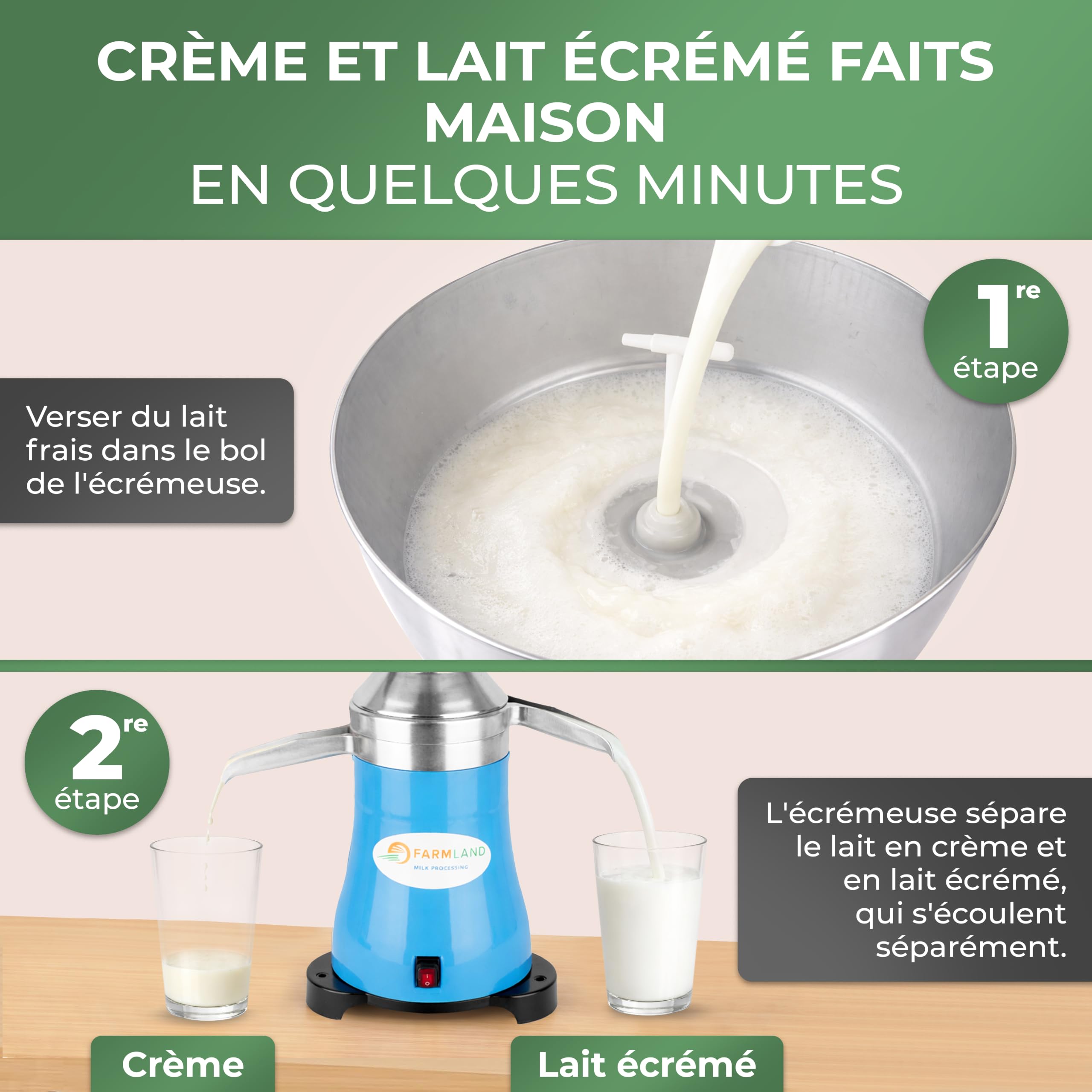 Farmland Centrifugeuse électrique - Séparateur de lait puissant pour 140 l/h - Séparateur de lait de qualité supérieure - Lait centrifuge pour débutants et professionnels - Quantité de cadre réglable