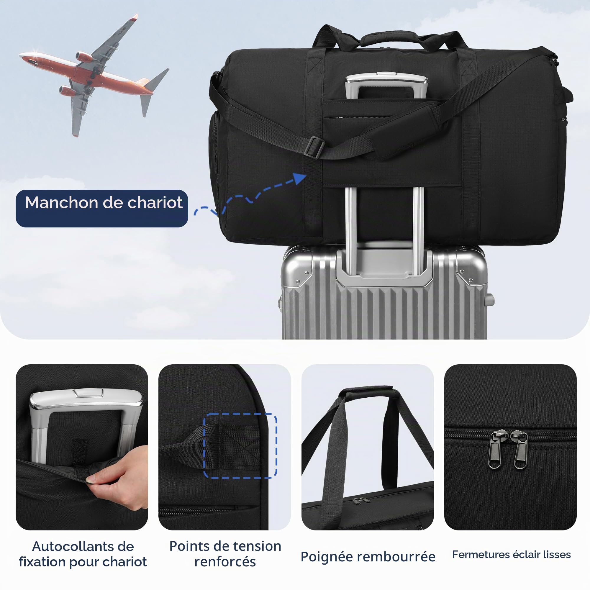 Sac de Voyage Pliable 110L Grande Capacité - Valise de Stockage 76x34x43 cm- Sac Week-End Imperméable Sport/Famille - Polyester Renforcé Léger pour Vacances Longues (Noir)