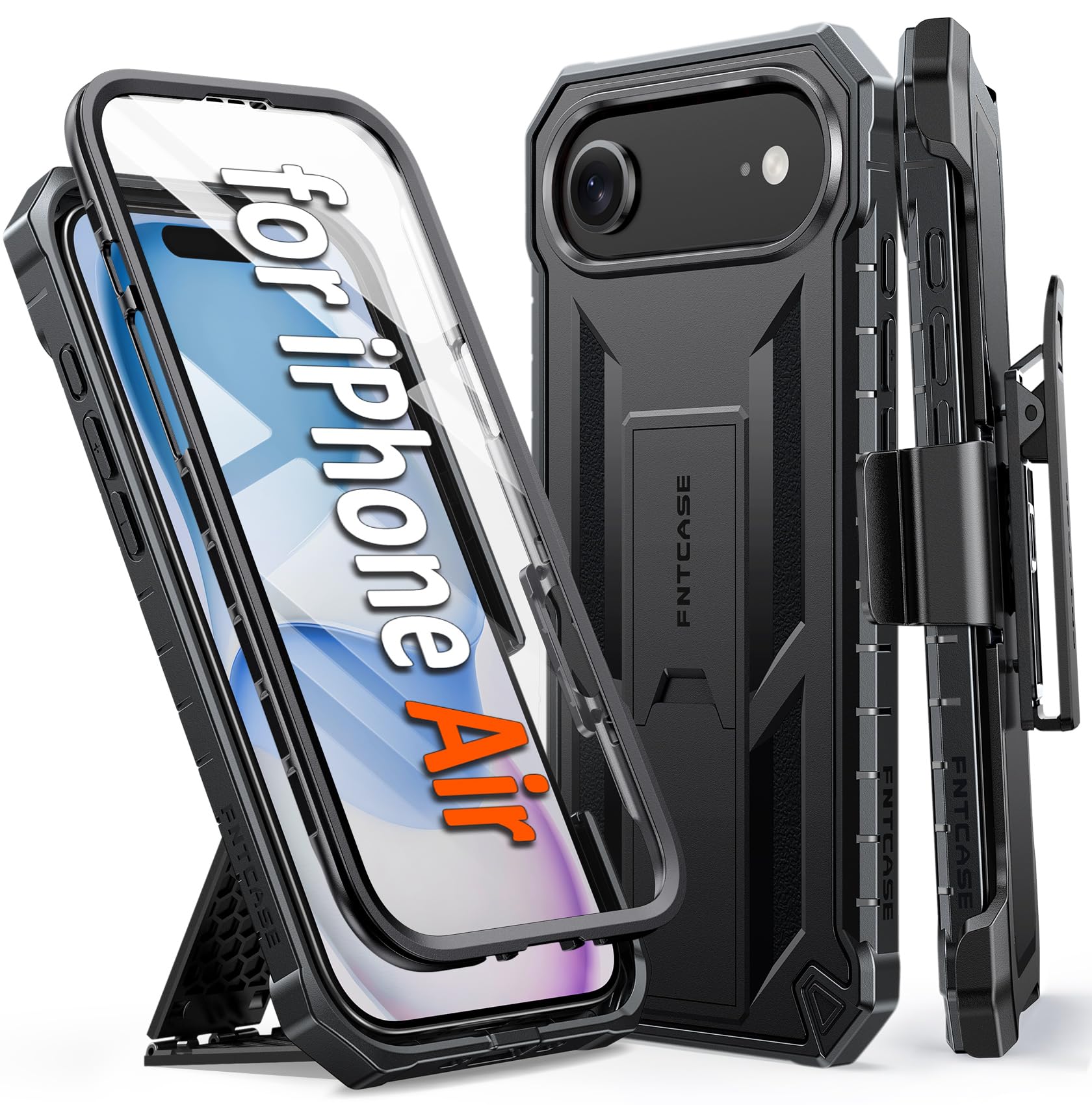 FNTCASE Funda para iPhone Air: resistente de grado militar para iPhone 17 Air con soporte y clip para cinturón, protección de TPU a prueba de golpes, protector resistente (negro)