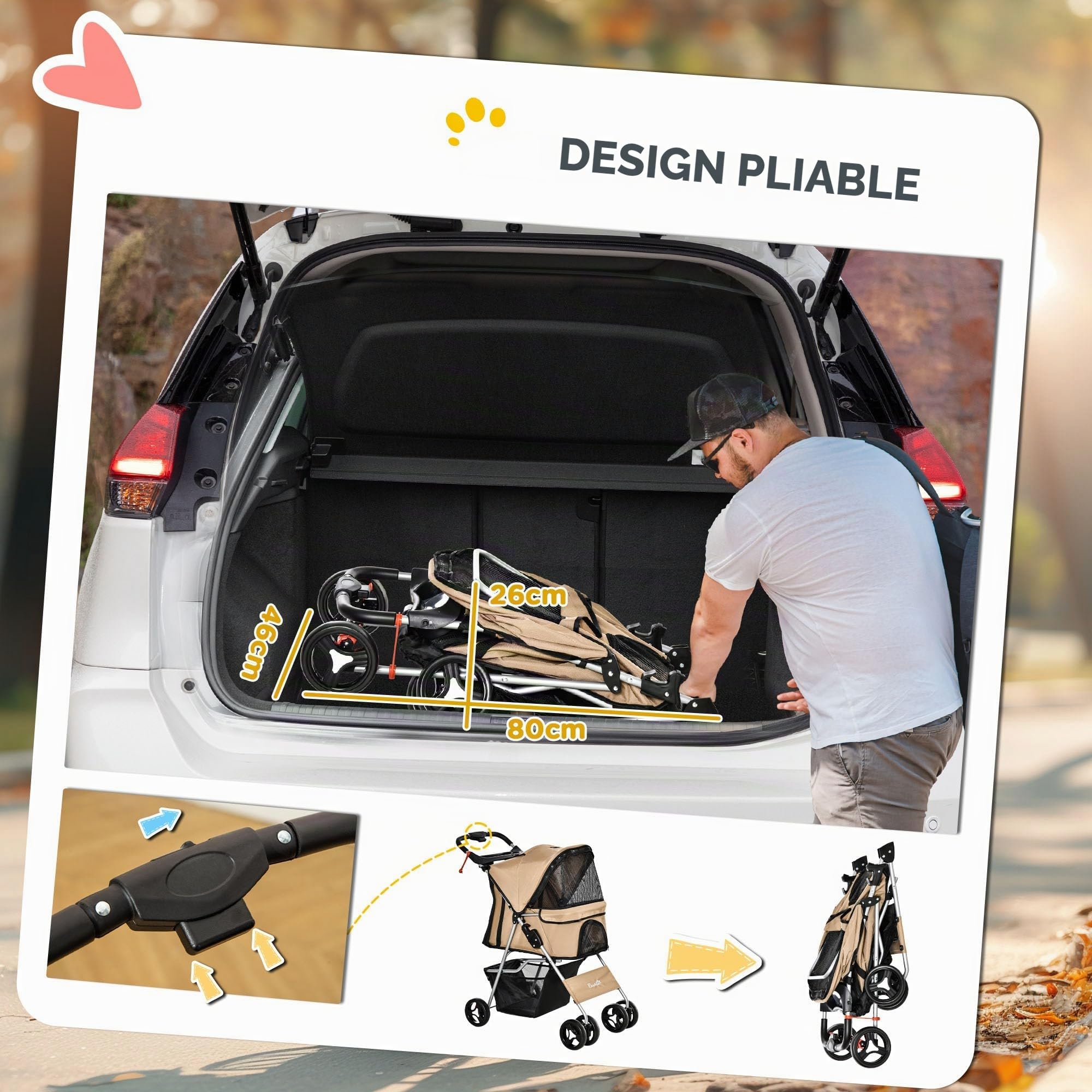 PawHut Poussette pliable chat chien XS/petits Café | Porte-gobelet, transporteur à 4 roues avec freins, roues avant pivotantes à 360°, panier de rangement