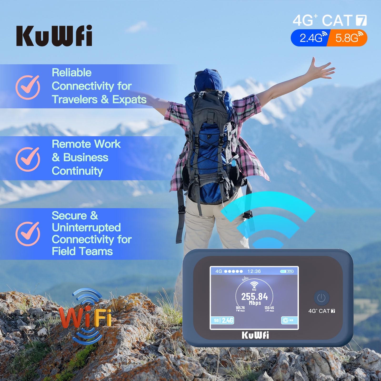 KuWFi Router 4G+ SIM, Router Dual Frequenza Mobile Wireless con Supporto SIM Card, 4G+ CAT7 Velocità fino a 300Mbps, Connessione a 10 dispositivi, Facile da collegare e trasportare, 3000mAh