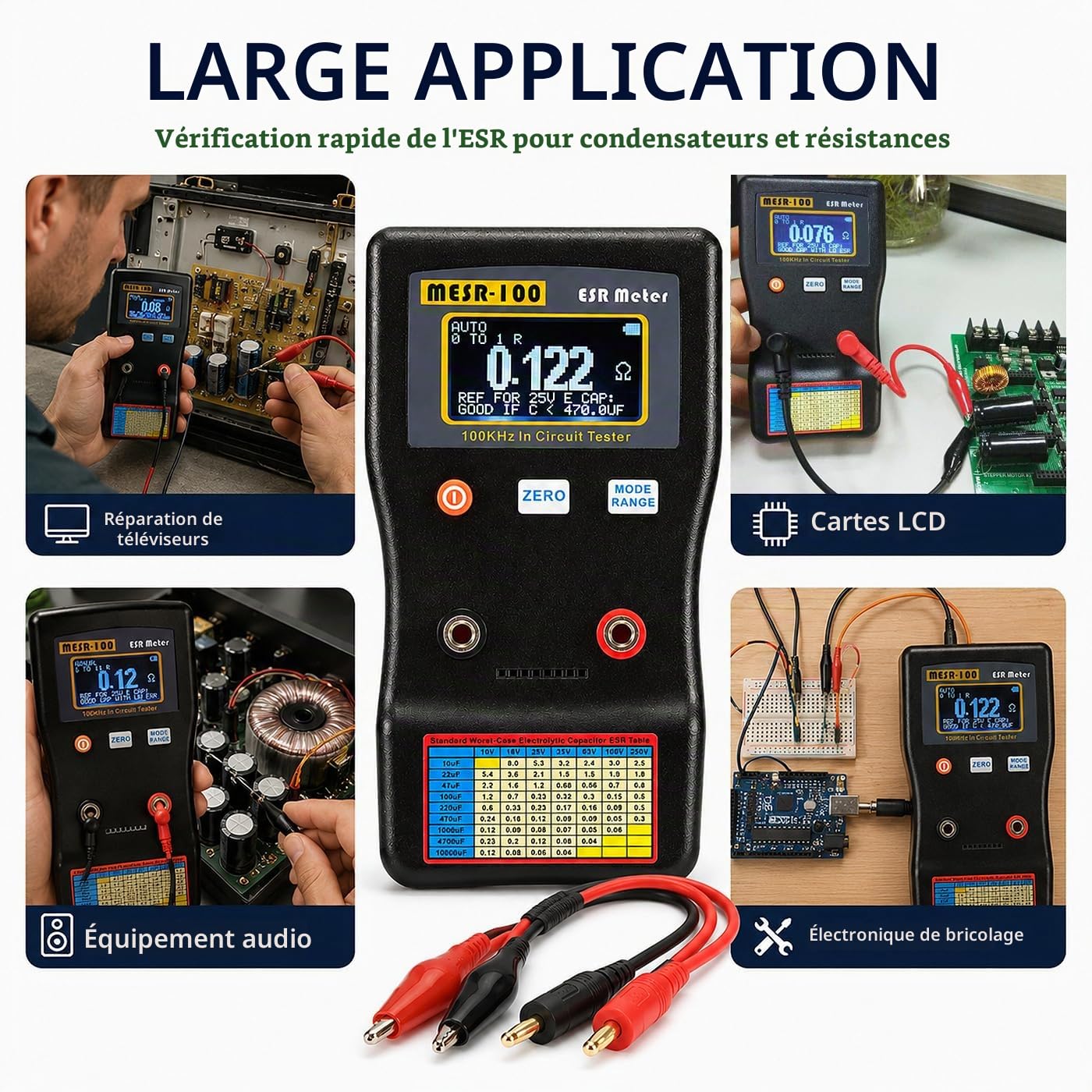 Mesr-100 ESR Testeur À Affichage Numérique, Multimètre À Gamme Automatique 0,001R À 100R Circuit ESR Testeur de Résistance/Capacité Ohmmètre, pour La Réparation Des Cartes Tv/Lcd/Audio