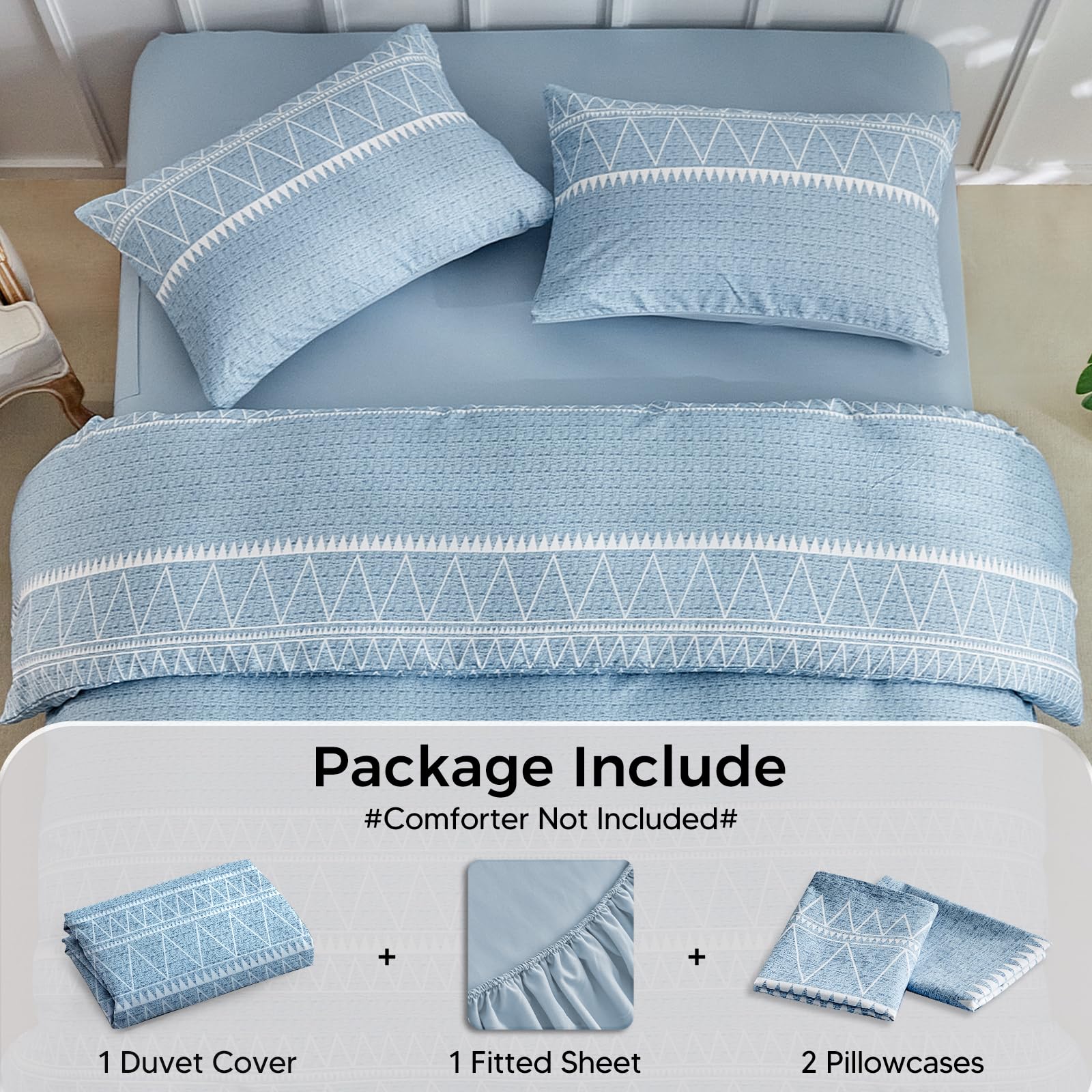 Tokokimo Double Duvet Cover Set 4 Piece Blue Bedding Set including Fitted Sheet - Image 4