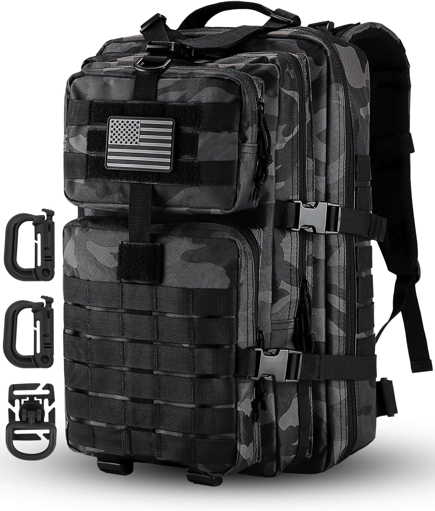 Hannibal Tactical MOLLE Assault Pack, Tactical Backpack Military Army Camping Rucksack, 3-Day Pack Trip w/USA Flag Patch, D-Rings, Black Camo