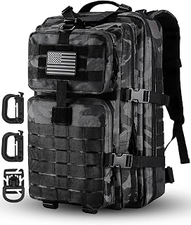 MOLLE Assault Pack, Tactical Backpack Military Army Camping Rucksack, 3-Day Pack Trip w/USA Flag Patch, D-Rings, Black Camo