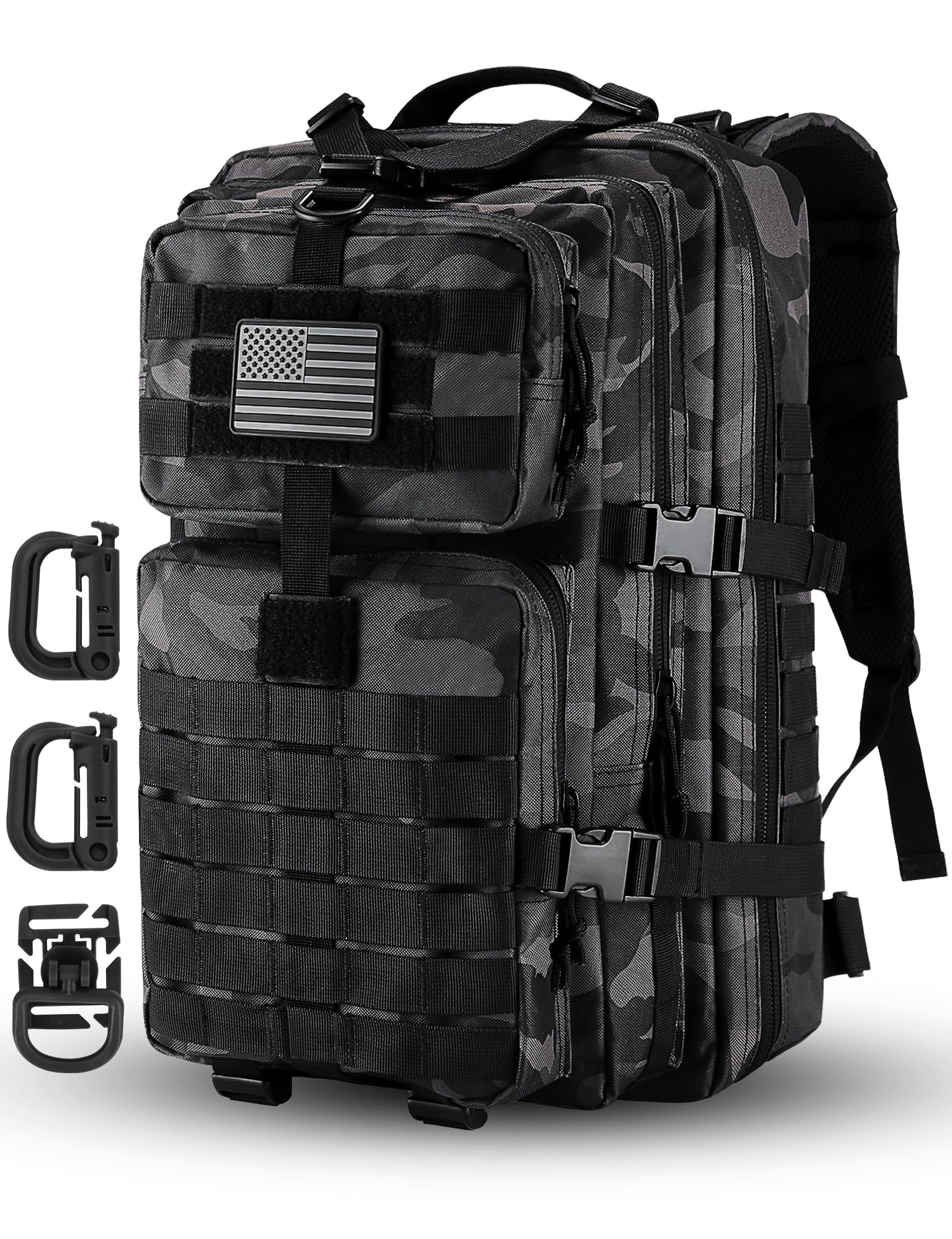 MOLLE Assault Pack, Tactical Backpack Military Army Camping Rucksack, 3-Day Pack Trip w/USA Flag Patch, D-Rings, Black Camo