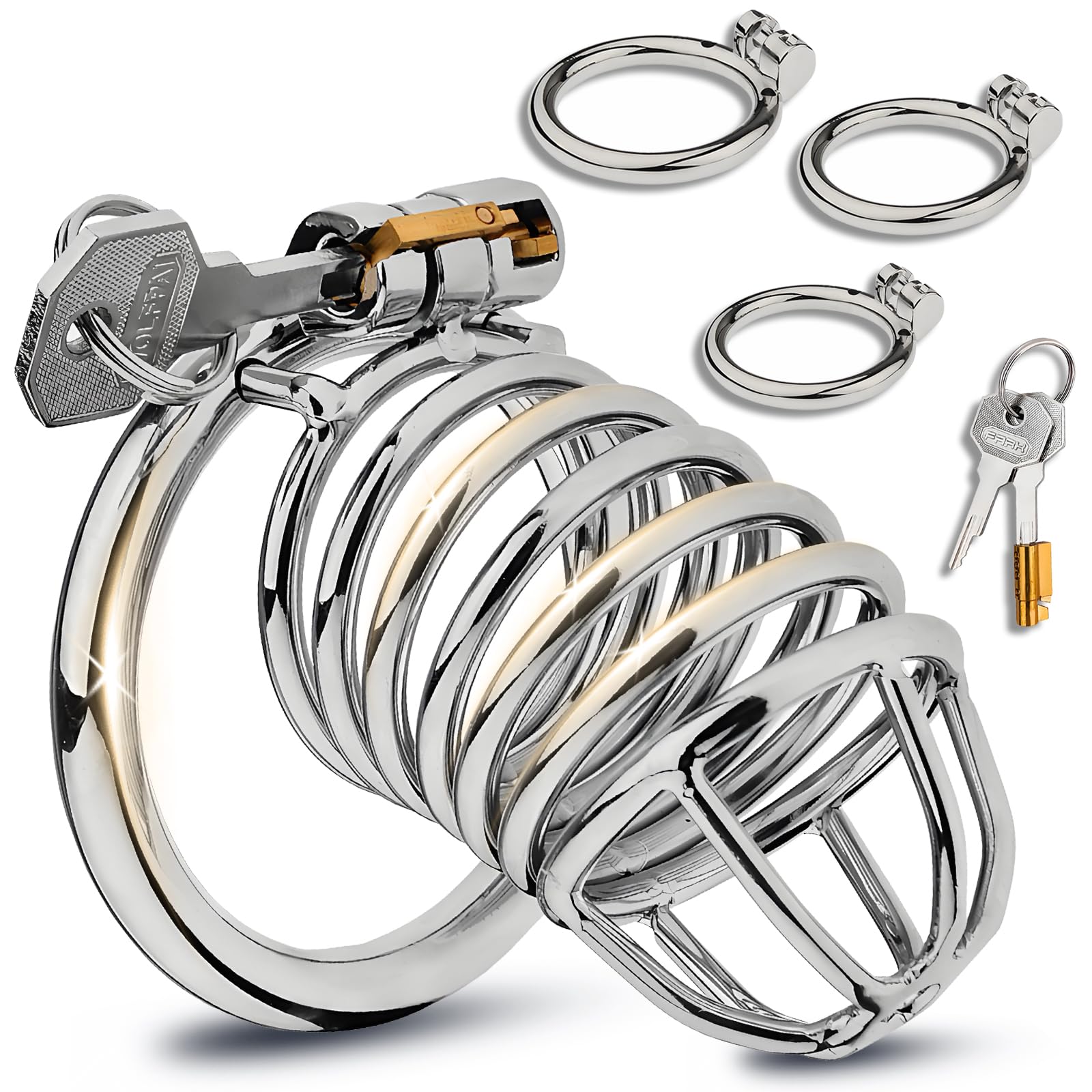Cage Chastetée en Métal avec Serrure Cachée et 2 Clés Sex Toýs Homme Ceintures de Chasteté Évidée pour le Bondage du Pénis de l'Homme (3 Rings)