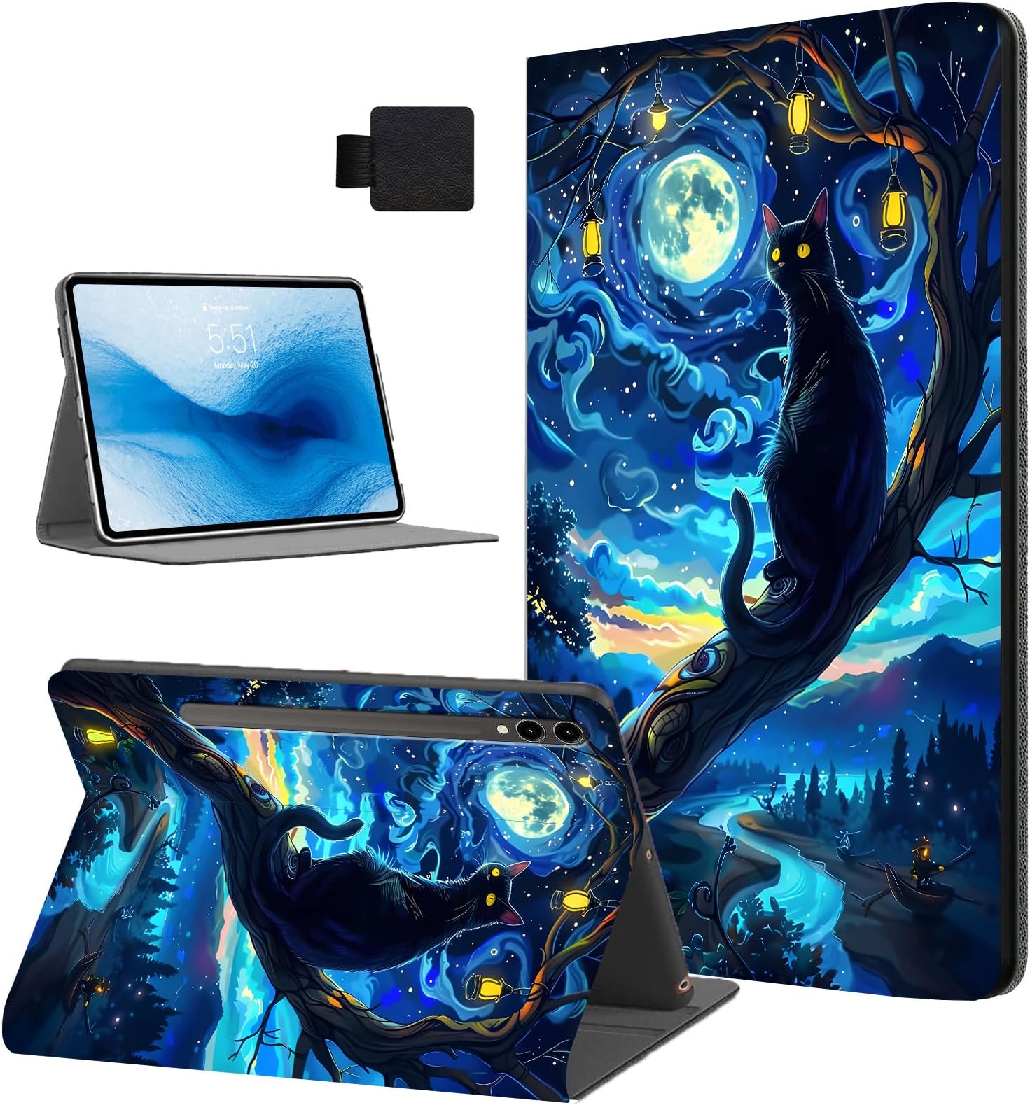 for Samsung Galaxy Tab S10 Ultra Tablet Case, Auto Sleep/Wake, Starry Night Cat Leather Folio Cover with Hard TPU Back Shell, Multi-Viewing Angles for Galaxy Tab S10/S9 Ultra Case