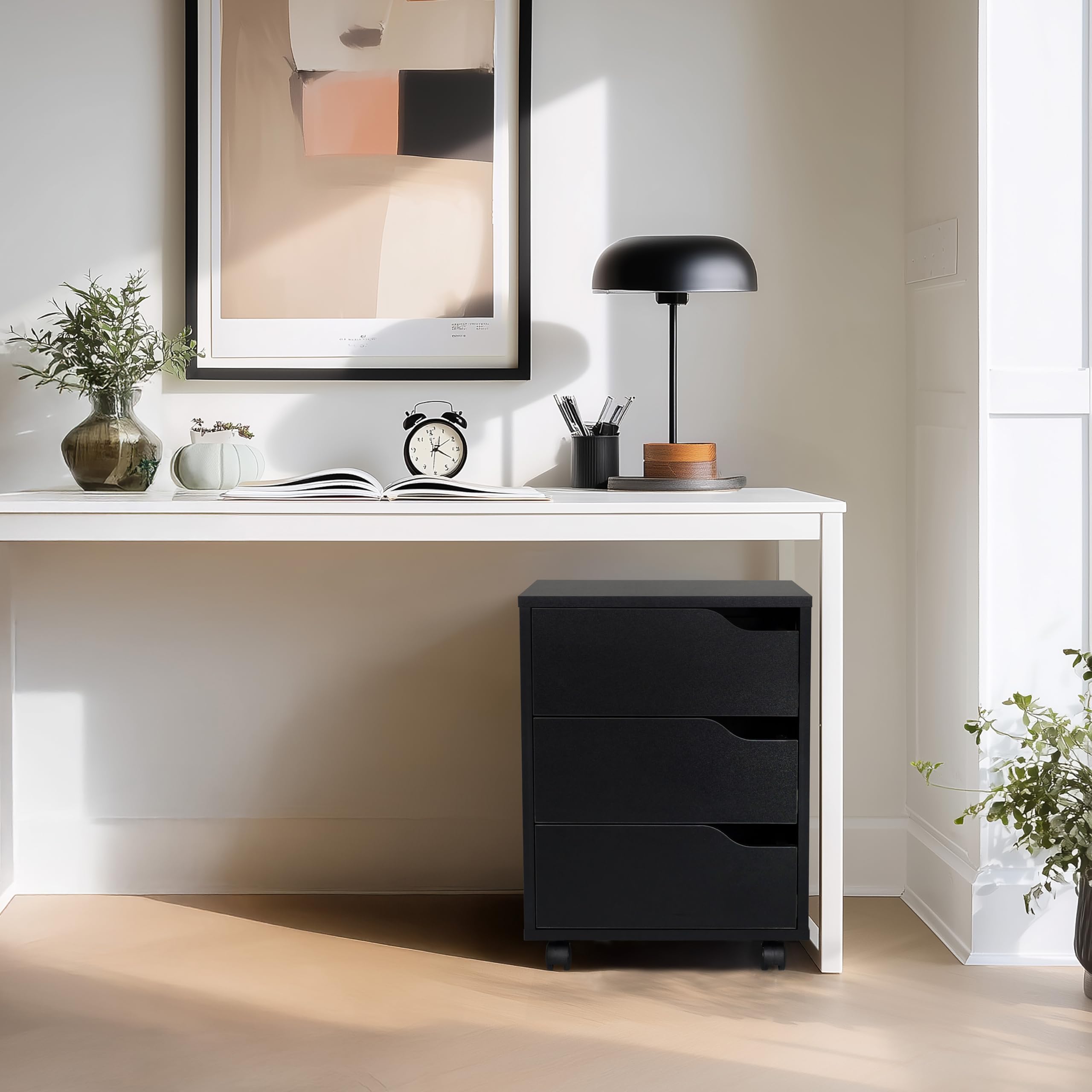 hjh OFFICE Pedestal móvil Organiser I Armario Auxiliar Espacioso con cajones y Ruedas, Negro