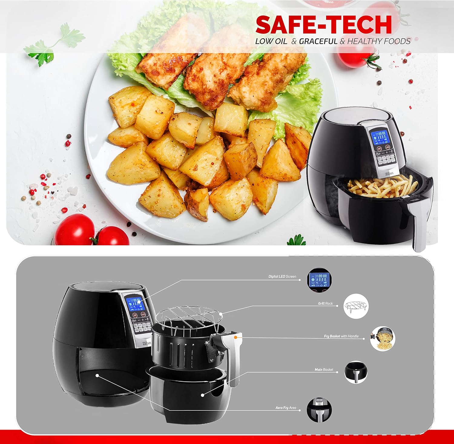 Zilan Friggitrice elettrica senza olio, capacità 3,5 l, friggitrice ad aria smart, salutare, friggitrice ad aria calda, senza BPA, schermo touch LED, scola-patatine, per la famiglia, timer predefiniti Zilan Friggitrice elettrica senza olio, capacità 3,5 l, friggitrice ad aria smart, salutare, friggitrice ad aria calda, senza BPA, schermo touch LED, scola-patatine, per la famiglia, timer predefiniti