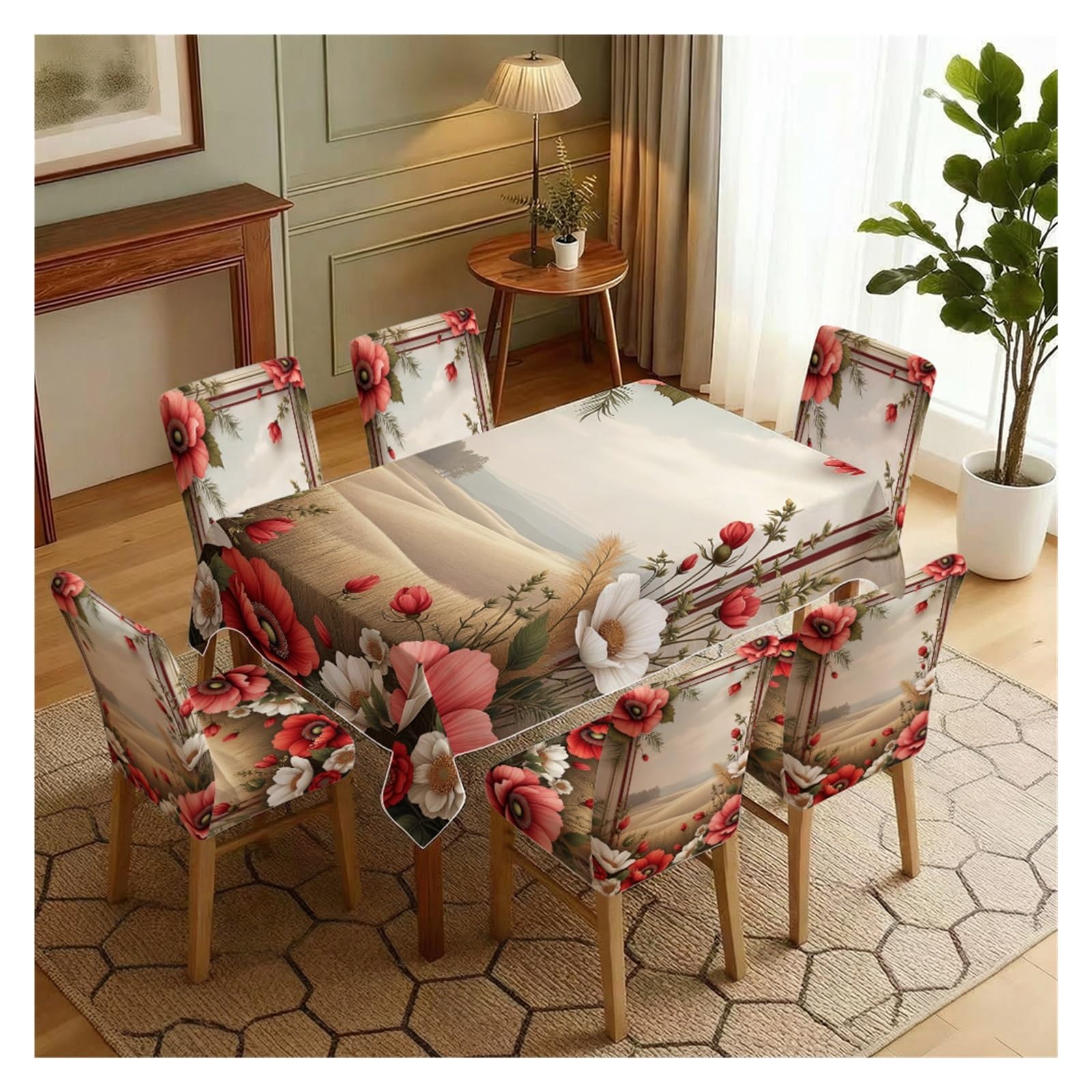 KXUAUV French Country Poppy Floral Print Stretch Chair Covers & Tablecloth Set, For Farmhouse Kitchen Dining Room Holiday Decor, 5/7 Pack Party Decor(7pcs Set: Tablecloth+Chair Covers)