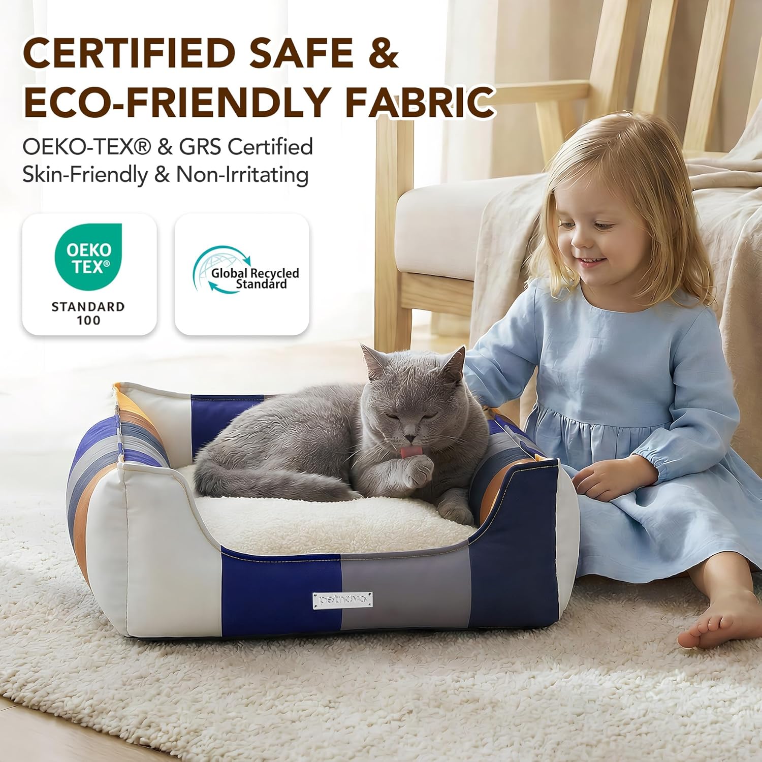 PETNOVO Dog Bed Small Dogs – Removable Washable Cover, Reversible Fleece Cushion, Non-Slip Bottom, Colorful Rainbow Pattern, Gift Box, 25.6 × 17.7 × 7.1 in