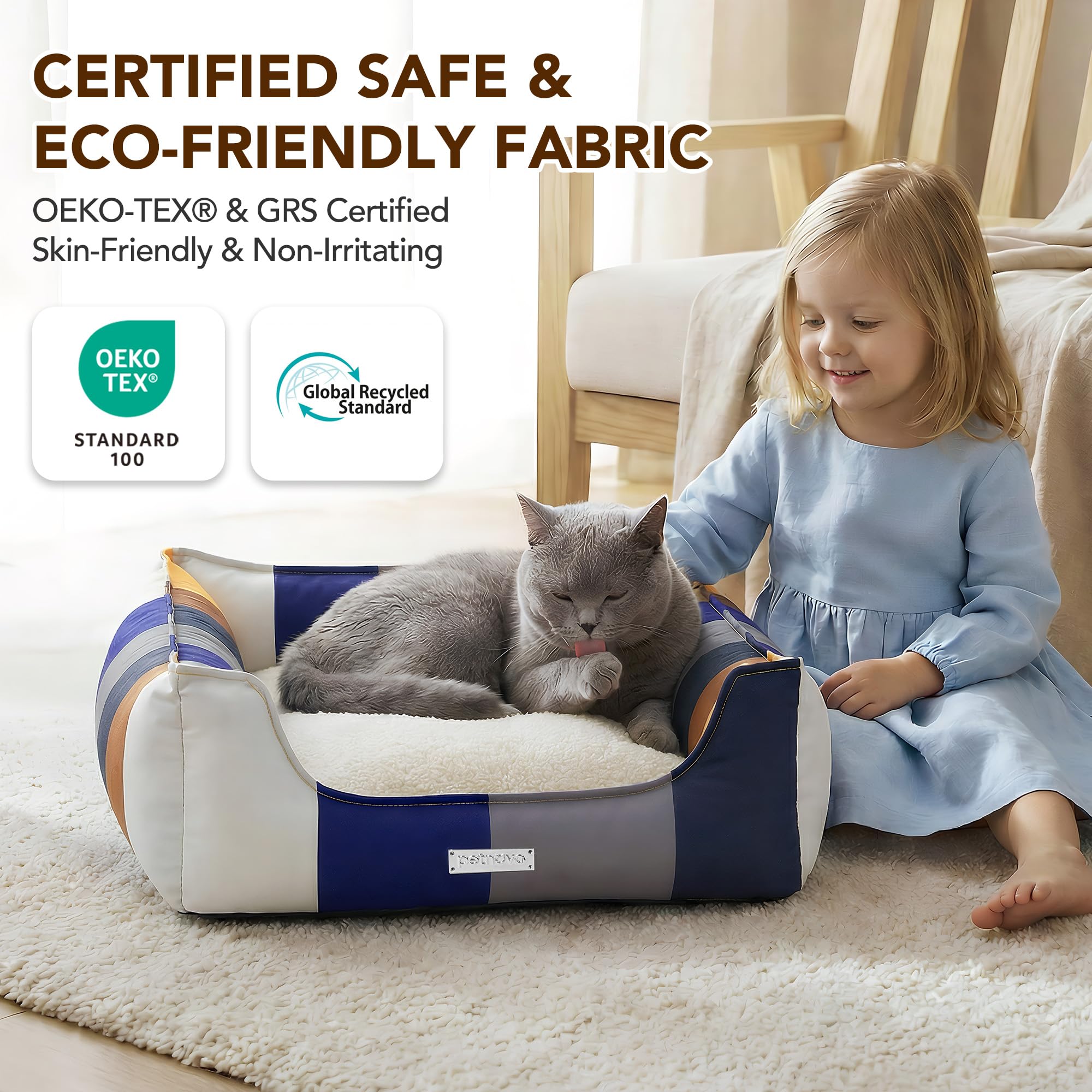 PETNOVO Lit pour Chat Arc-en-Ciel, Housse Amovible, Lavable, Corbeille de Sommeil Douillette avec Bord, Intérieur, Lit Douillet pour Chats et Petits Chiens, 65 × 45 × 18 cm, Arc-en-Ciel Bleu-Gris