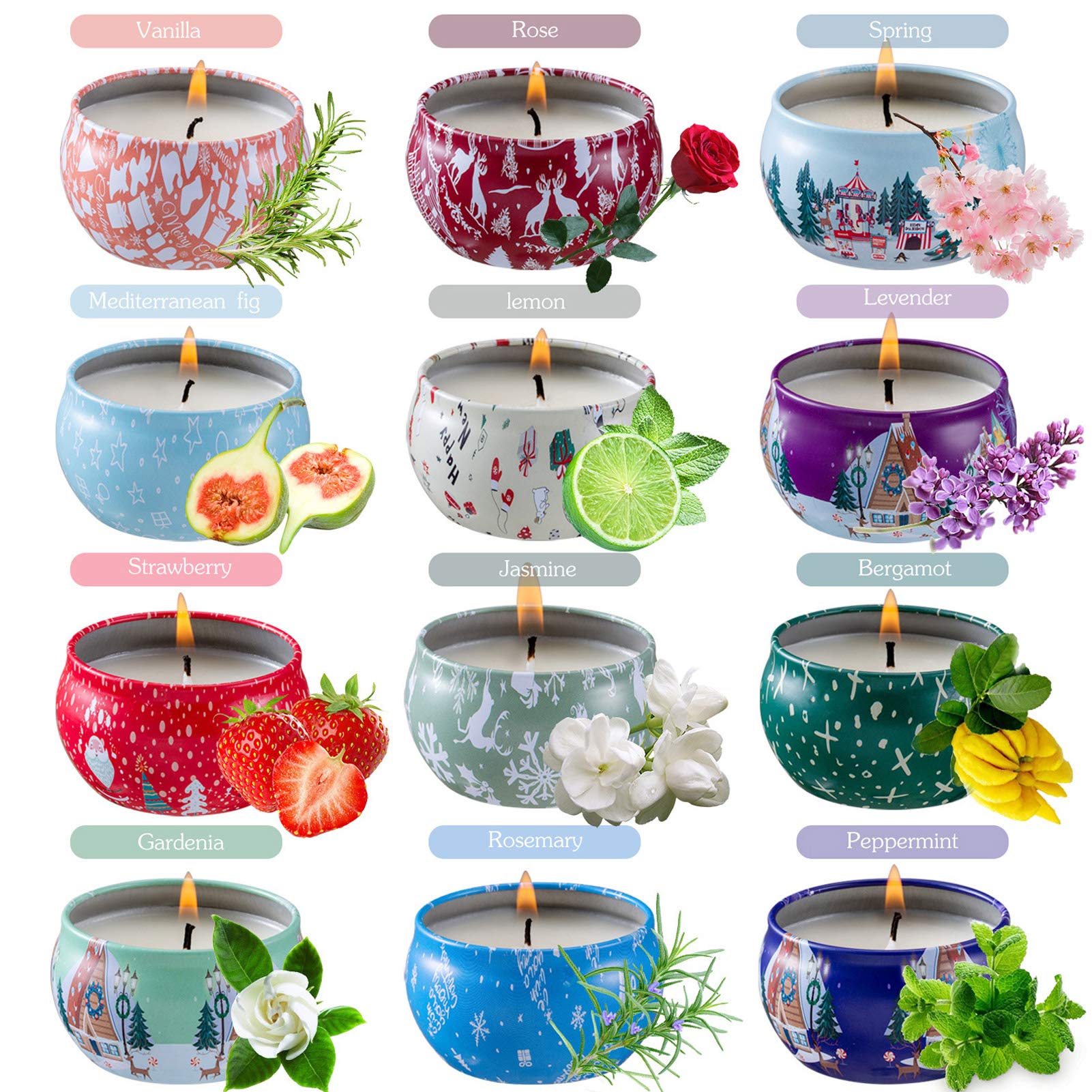 Set de las velas con aroma 12, set, puro natural de soja lata de soja cera velas de aromaterapia mujeres día de la madre cumpleaños decoración navideña