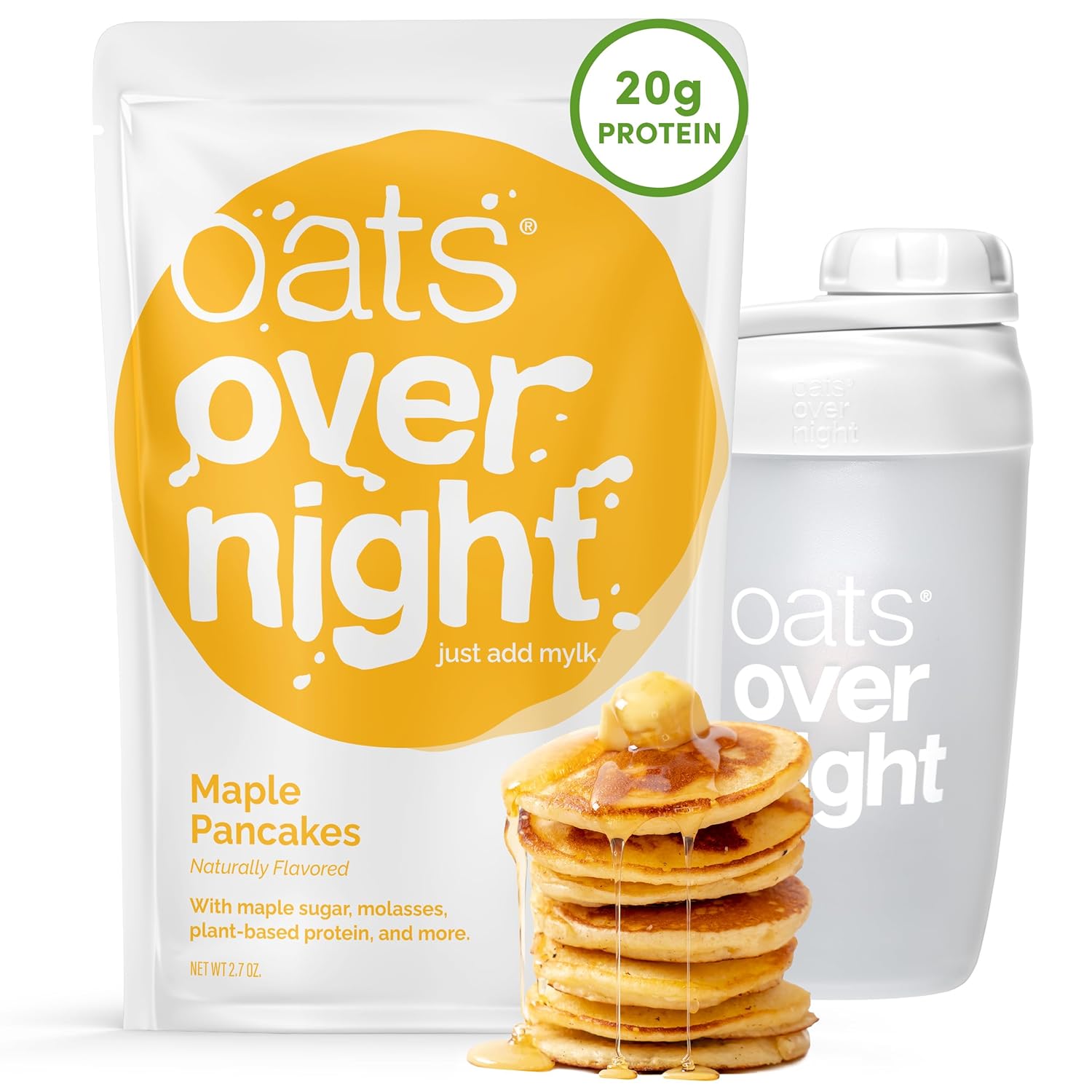 Oats Overnight - Maple Pancakes - Vegan, 20g Protein, High Fiber Breakfast Shake - Gluten Free, Non GMO Oatmeal (2.5 oz per meal) (8 Pack + Shaker Bottle)