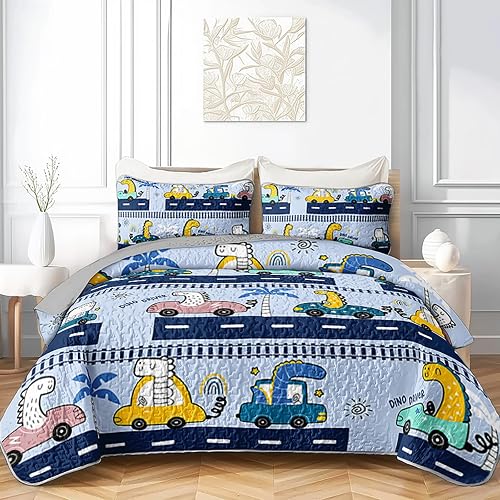 QOOMO Cartoon Car Quilt Set Full/Queen Size,Dinosaur Bedspread Coverlet Set,Vehi