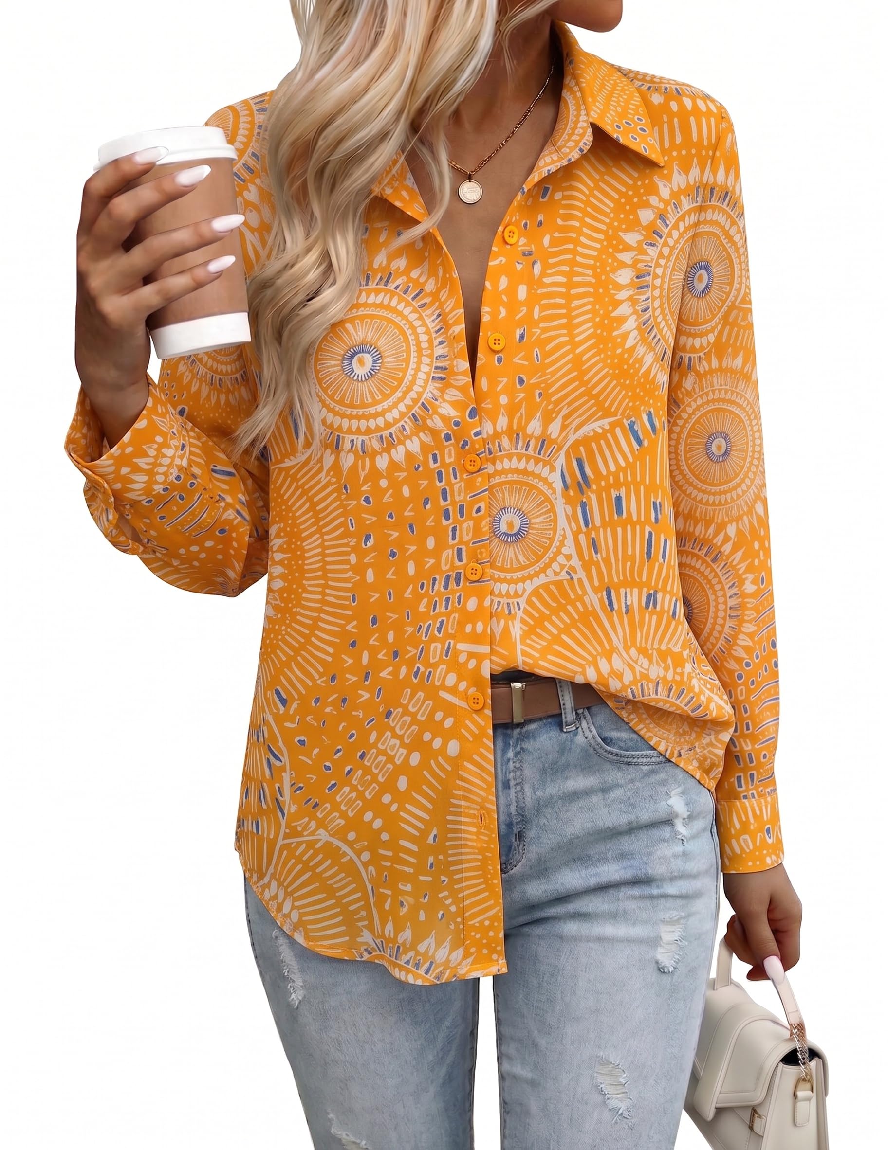 Zeagoo Button Down Shirts for Women Dressy Casual Printed Chiffon Blouse Global Recycled Standard Global Recycled Standard Global Recycled Standard