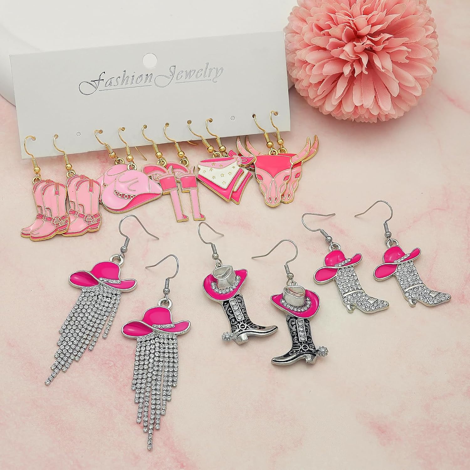 8 Pairs Cowgirl Western Country Concert Earrings Rhinestone Enamel Rodeo Cowboy Boot Earrings Tassel Cowboy Hat Dangle Earrings for Women Trendy - Image 5