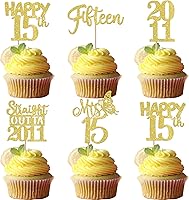 Vista 37 de 30 piezas de decoraciones para pastel de cumpleaños número 10, decoraciones de cupcakes negras con brillo, 10 feliz cumple, directo desde 2016, 10