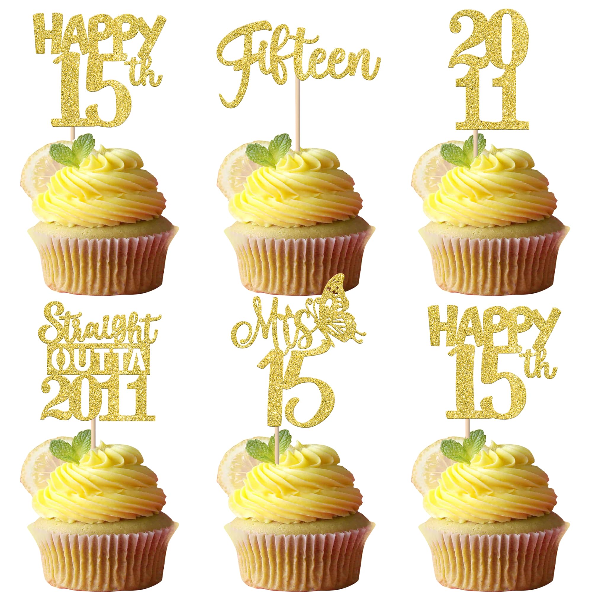 Xsstarmi 30 Pack Happy 15th Birthday Cupcake Toppers Gold Glitter Mis 15 Straight Outta 2011 Cupcake Picks for Cheers to 15 Years 15th Birthday Anniversary Party Cake Decorations