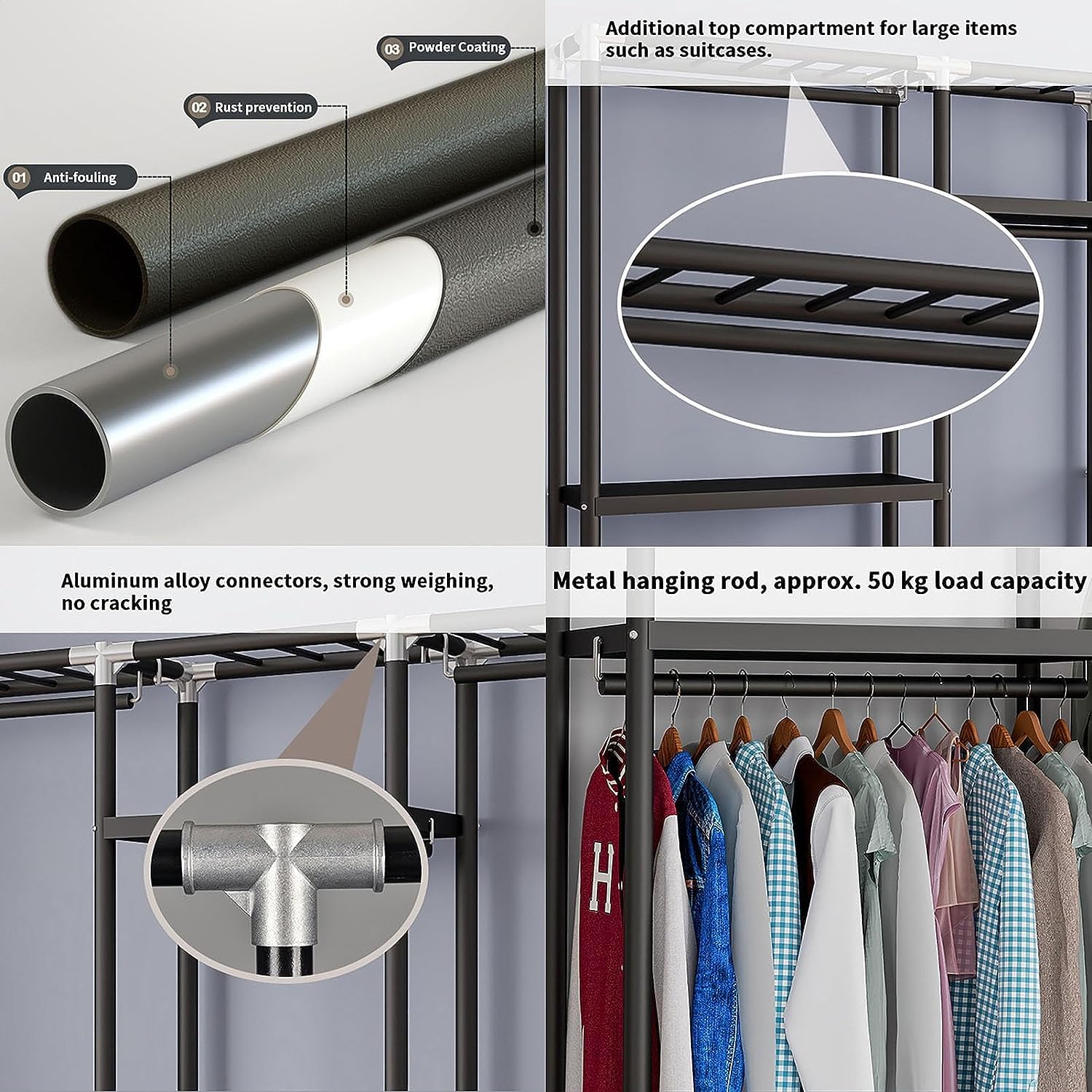 Armadio Armadio Porta Abiti Per Impieghi Gravosi Portatile Con Coperchio Appendiabiti Guardaroba In Metallo Contenitore Camera(125 * 45 * 175cm)