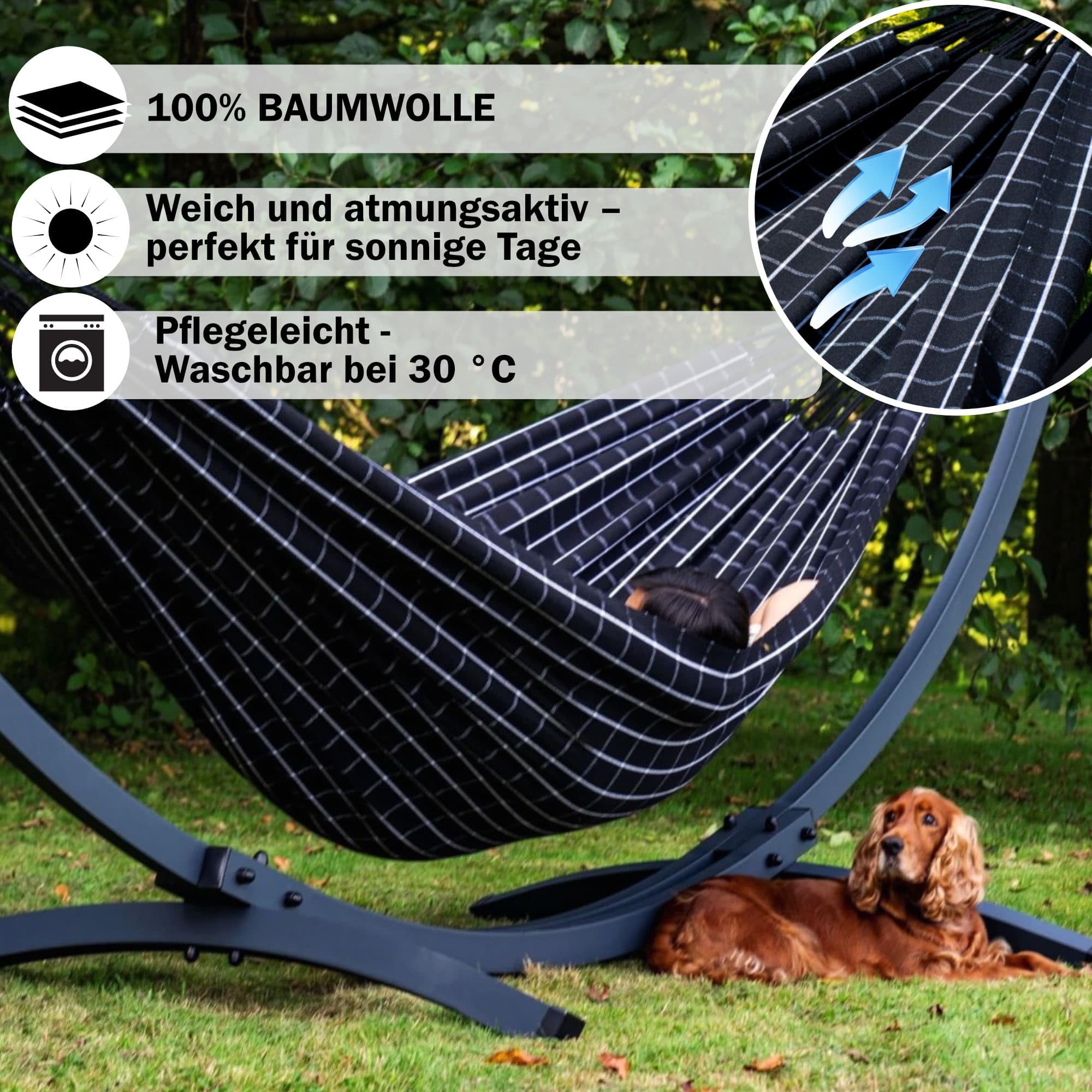 Potenza Outdoor Hängematte mit Gestell Metall für 2 Personen I Catargo - Baumwolle Doppelhängematte XXL 220x160cm, 220kg I Hängemattengestell 220kg, wetterfest (Grau, Basic Gestell Graphit)